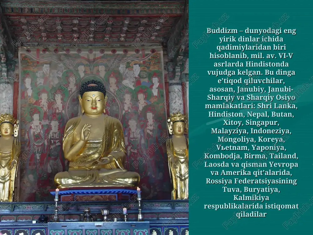 va boshqalarga zarar yetkazib qo’yishdan saqlanishga intilish; o’zini to’g’ri tutish – o’ziniki bo’lmagan narsaga ko’z olaytirmaslik, ortiqcha hissiyotga berilmaslik; to’g’ri anglash – o’z tanasi va ruhiga o’zini yo’qotib qo’ymaydigan darajada nazoratda bo’lish hamda bunda ehtiroslar va iztiroblarga chek qo’yish; to’g’ri harakat qilish – o’zidagi yomon tuyg’ularni jilovlash hamda ezgu tuyg’ular va harakatlarni rivojlantirish; to’g’ri hayot kechirish – noma’qul hayot tarzidan saqlanish; to’g’ri fikr yuritish – kamolotning to’rt bosqichini ketma-ket bosib o’tish; to’g’ri gapirish – yolg’ondan, tuhmatdan, haqoratdan va befoyda gaplardan saqlanish buddizm – dunyodagi eng yirik dinlar ichida qadimiylaridan biri hisoblanib, mil. av. vi-v asrlarda hindistonda vujudga kelgan. bu dinga e’tiqod qiluvchilar, asosan, janubiy, janubi-sharqiy va sharqiy osiyo mamlakatlari: shri lanka, hindiston, nepal, butan, xitoy, singapur, malayziya, indoneziya, mongoliya, koreya, vetnam, yaponiya, kombodja, birma, tailand, laosda va qisman yevropa va amerika qit’alarida, rossiya federatsiyasining tuva, buryatiya, kalmikiya respublikalarida istiqomat qiladilar hozirgi kunda e’tiqod qiluvchilar soni jihatidan buddizm xristianlik, islom va …