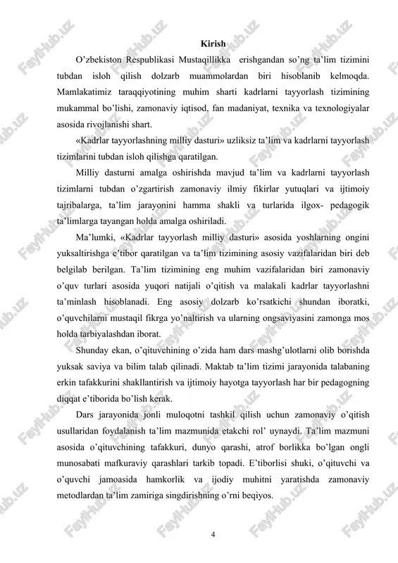 agina bajarish imkoniga ega bo’ladilar. bu ishlarni uyda bajarish imkoniyati ularda bo’lmaydi. shuni e’tiborga olib ham mehnat darslarida amaliy mashg’ulotlar yuzasidan uyga vazifa berilmaydi. - amaliy mashg’ulotlarni tanaffussiz o’tkazish maqsadga muvofiqdir. chunki tanaffus qisqa muddat davomida o’quvchilarning yovvoyi bo’lib qolishlariga, undan so’ng ularning ilgarigidek ishga kirishib ketishlariga salbiy ta’sir etadi. shuning uchun mashg’ulotni tanaffussiz davom ettirib, tanaffus hisobiga mashg’ulotni bir oz ilgariroq tugatishga ruhsat etiladi. - mashg’ulotdan so’ng har bir o’quvchi o’z ish o’rnini tozalab, asboblarni tartibga keltirib, ortiqcha materiallarni chala yoki tayyor ishlarni o’qituvchi yoki ishlab chiqarish masteriga topshirib, yuz-qo’llarini yuvib, joy-joylariga o’tiradilar. - o’qituvchi darsga yakun yasab, o’quvchilarning ishlarini baholab, kuzatish davomidagi qo’yilgan baholarni umumlashtirib, o’quv eshittiradi. so’ng o’quvchilarga javob beradi. shunday qilib maktablarda mehnat ta’lim va tarbiyasi o’quv ustaxonalarida, agrobiologiya va tajriba uchastkalarida, o’quvchilar dalachilik brigadalarida olib boriladigan mashg’ulotlar davomida berib boriladi. mehnat tarbiyasini to’g’ri yo’lga qo’yish, o’quvchilarda mehnat malakalarini hosil qilish, ularda mehnat madaniyatini shakllantirish, turli …