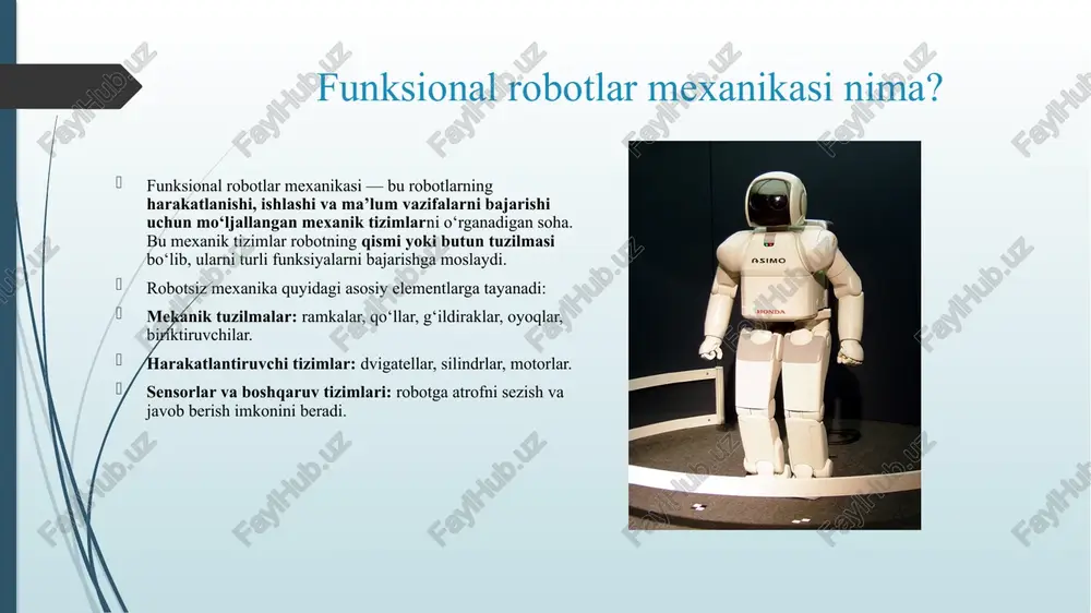 qo‘llanilmoqda, bu esa ularning vazifalarni samarali va xavfsiz bajarishini ta’minlaydi. image1.jpeg image2.jpeg image3.jpeg image4.jpeg image5.png /docprops/thumbnail.jpeg funksional robotlar mexanikasi