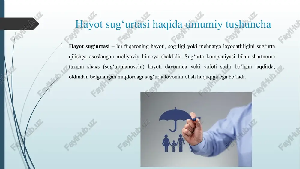 itsion hayot sug‘urtasi sug‘urtalanuvchi mablag‘ining bir qismi investitsiya bozoriga yo‘naltiriladi. natijada mijoz foyda olish imkoniga ega bo‘ladi. bolalar hayot sug‘urtasi bolalarning kelajakdagi ta’lim xarajatlarini yoki voyaga yetgach moliyaviy mustaqilligini ta’minlash uchun mo‘ljallanadi. pensiya hayot sug‘urtasi ish davrida badallar to‘planib, pensiya yoshiga yetganda to‘lovlar shaklida qaytariladi. hayot sug‘urtasining huquqiy asoslari o‘zbekiston respublikasida hayot sug‘urtasi faoliyati quyidagi hujjatlar bilan tartibga solinadi: o‘zbekiston respublikasi fuqarolik kodeksi; “sug‘urta faoliyati to‘g‘risida”gi qonun (2022-yil tahriri); moliya vazirligi huzuridagi sug‘urta bozorini rivojlantirish agentligi qarorlari; sug‘urta kompaniyalari ichki nizomlari. bu huquqiy hujjatlar sug‘urta shartnomasining tuzilishi, to‘lov shartlari, javobgarlik va mijoz huquqlarini himoya qilish mexanizmlarini belgilab beradi. hayot sug‘urtasining ijtimoiy ahamiyati oilaning moddiy barqarorligini saqlaydi. fuqarolarning kelajakka ishonchini kuchaytiradi. kutilmagan hodisalarda ijtimoiy himoya rolini bajaradi. jamiyatda moliyaviy mas’uliyat va rejalashtirish madaniyatini shakllantiradi. o‘zbekistonda hayot sug‘urtasi bozori holati so‘nggi yillarda o‘zbekistonda hayot sug‘urtasiga talab ortib bormoqda. “o‘zbekinvest hayot”, “kafolat hayot”, “gross insurance life”, “alfa life insurance” kabi kompaniyalar faoliyat yuritadi. …