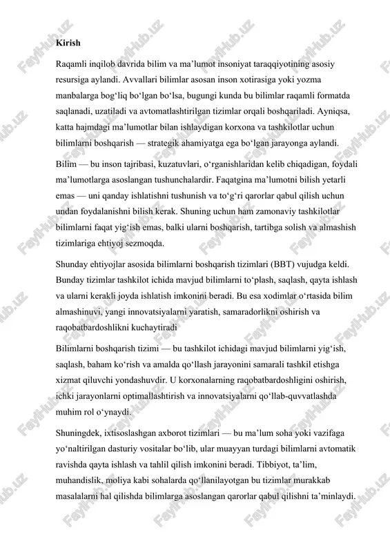 tuzilishda bo'ladi. bilimlar bazasi qoidalar tarmog'i sifatida tasvirlanadi. tarmoqning har bir holatdagi o'tish yo'li muloqot jarayonidagi foydalanuvchining javobiga bog'liq bo'ladi. muloqot quyidagi tarzda olib boriladi: ¬dastur foydalanuvchiga tizimga qanday savollar berish mumkinligi haqida yo'nalish beradi. berilgan sohadagi bilimlar bazasidan foydalanish har bir foydalanuvchidan ma'lum darajadagi ko'nikma va malakalarni talab qiladi. bunday ko'nikmalarga turli shakldagi aqliy faoliyat turlari: tahlil, sintez, umumlashtirish, abstraktlashtirish, qiyoslash, modellashtirish, strukturalash, o'xshashlik darajalarini o'rnatish va boshqalar kiradi. axborot qidiruv tizimlari – bu veb-sayt hisoblanib internet tarmog’ida axborotlarni qidirish imkoniyatini taqdim etadi. bunda yuqorida sanab o’tilganidek google , yahoo dunyodagi eng mashhur qidiruv tizimlaridan hisoblanadi. bizning davlatimizda www.uz axborot-qidiruv tizimi qidiruv so’rovlari bo’yicha ilg’orlardan biridir. bundan tashqari internet tarmog’ida ma'lum sohada ishlaydigan ixtisoslashgan qidiruv tizimlari ham mavjud. bulardan eng ommaboplari: “ktotam” – insonlar to’g’risidagi axborotlarni qidirishga mo’ljallangan yangi turdagi axborot-qidiruv tizimi. bunda insonlarni ismi, sharifi, familiyasi, kasbi, lavozimi va unvoni hamda tashkilot va boshqa insonlar orqali topish mumkin. …
