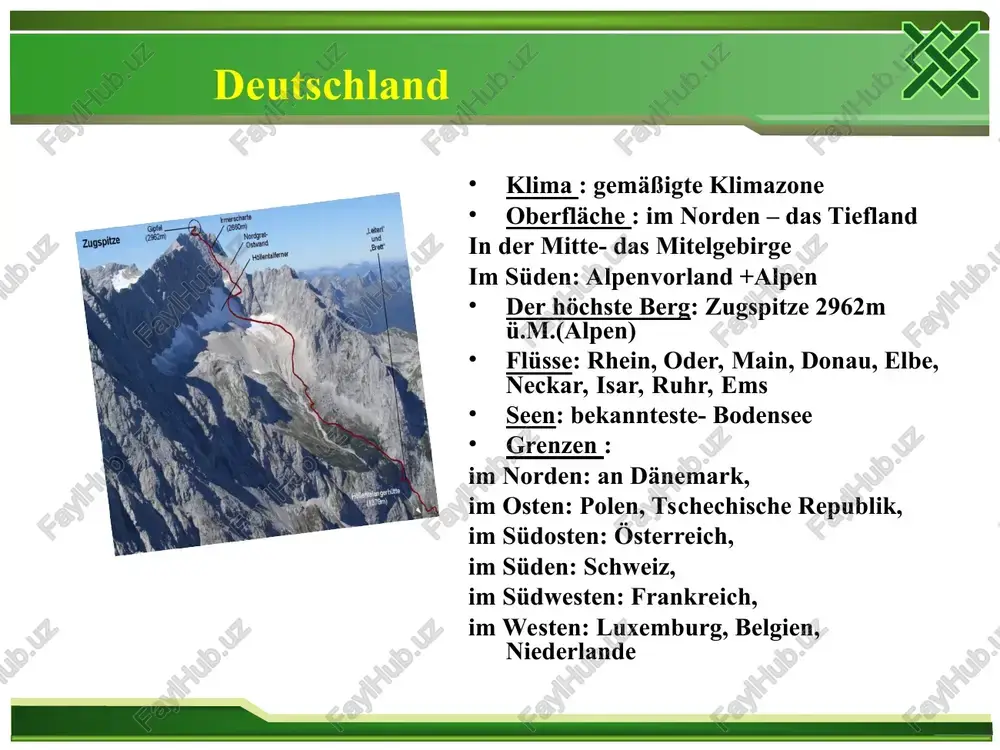 azone- südlich der alpen oberfläche : etwa 60 % des landes sind gebirgig im westen- jura, im nordwesten- mittelland, in der mitte + im süden- voralpen und alpen der höchste berg: dufourspitze 4 634 ü. m. (monte rossa) flüsse: rhein (rheinfall bei schaffshausen), rhône, reuss, aare, thur seen: genfersee, bodensee, lago maggiore, neuenburgersee, zürichsee, vierwaldstättersee grenzen : im norden: an bundesrepublik deutschland im osten: lichtenstein und österreich im süden: italien im westen: frankreich dufourspitze matterhorn - der schönste berg der schweiz bekannte firmen: nestlé (nahrunsmittelindustrie-schokoladen) roche (farmaindustrie) abb (maschinenindustrie) rolex,tissot,swatch, omega (uhrenhersteller, zeitmeßgeräte) bankensektor (ubs, allianz, credit suisse..) bekannte persönlichkeiten: bernoulli (mathematik/physik), l. euler (mathematik), c. g. jung (psychoanalytiker), paracelsus (arzt/chemiker), u. andress (schauspielerin), f. dürrenmatt, h. hesse (schriftsteller), m. frisch (schriftsteller), r. federer (tennisweltmeister), m. hingis (tennisweltmeisterin), s. ammann (skispringer), p. zurbriggen (skifahrer) großstädte/touristisch interessante orte: basel + bern (altstadt- in unesco), genf (genfer see), lausanne (sportzentrum/ferienort), luzern (ferienort-bergpanorama, …