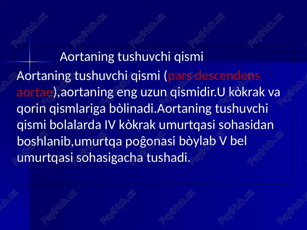 usti beziga 24 tagacha buyrak usti bezi arteriyalari (a.suprarenales superiores) chiqadi. 2.bel arteriyalari (aa.lumbales) 4 juft,segmentar yònalib qorin mushaklariga boradi.undan orqaning bel sohasi mushaklari va terisiga orqa tarmoq (r.dorsalis),orqa tarmoqdan esa orqa miyaga kiruvchi orqa miya tarmoĝi (r.spinalis) chiqadi. aortaning qorin qismining visseral varoqlari 1.buyrak usti bezining òrta arteriyasi (a.suprarenalis media) 2.buyrak arteriyasi (a.renalis) 3.moyak (tuxumdon) arteriyasi (a.testicularis)(a.ovarica) 1.buyrak usti bezining òrta arteriyasi (a.suprarenalis media) i bel umurtqasi sohasidan boshlanib,buyrak usti bezi darvozasiga kiradi.bu arteriya bezning yuqorigi va pastki arteriyalari bilan anastamozlashadi. 2.buyrak arteriyasi (a.renalis) i-ii bel umurtqalari sohasida boshlanib,buyrak darvozasiga kiradi va oldingi tarmoq (r.anterior) va orqa tarmoqqa (r.posterior) bòlinadi. oldingi tarmoq quyidagi tarmoqlarga bòlinadi: a)yuqorigi segment arteriyasi(a.segmenti superioris) b)oldingi ustki segment arteriyasi(a.segmenti anterioris superioris) d)oldingi pastki segment arteriyasi (a.segmenti anterioris inferioris) e)pastki segment arteriyasi (a.segmenti inferioris) orqa tarmoqdan esa orqa segment arteriyasi (a.segmenti posterioris) chiqadi.òng buyrak arteriyasi pastki kovak venaning orqasidan òtadi.buyrak arteriyasidan buyrak usti bezining pastki arteriyasi …