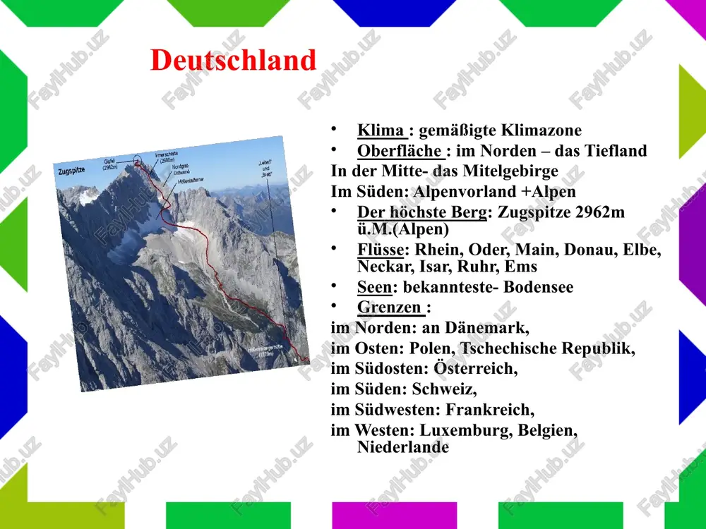 n, mediterrane klimazone- südlich der alpen oberfläche : etwa 60 % des landes sind gebirgig im westen- jura, im nordwesten- mittelland, in der mitte + im süden- voralpen und alpen der höchste berg: dufourspitze 4 634 ü. m. (monte rossa) flüsse: rhein (rheinfall bei schaffshausen), rhône, reuss, aare, thur seen: genfersee, bodensee, lago maggiore, neuenburgersee, zürichsee, vierwaldstättersee grenzen : im norden: an bundesrepublik deutschland im osten: lichtenstein und österreich im süden: italien im westen: frankreich dufourspitze matterhorn - der schönste berg der schweiz 11 bekannte firmen: nestlé (nahrunsmittelindustrie-schokoladen) roche (farmaindustrie) abb (maschinenindustrie) rolex,tissot,swatch, omega (uhrenhersteller, zeitmeßgeräte) bankensektor (ubs, allianz, credit suisse..) bekannte persönlichkeiten: bernoulli (mathematik/physik), l. euler (mathematik), c. g. jung (psychoanalytiker), paracelsus (arzt/chemiker), u. andress (schauspielerin), f. dürrenmatt, h. hesse (schriftsteller), m. frisch (schriftsteller), r. federer (tennisweltmeister), m. hingis (tennisweltmeisterin), s. ammann (skispringer), p. zurbriggen (skifahrer) großstädte/touristisch interessante orte: basel + bern (altstadt- in unesco), genf (genfer see), lausanne …