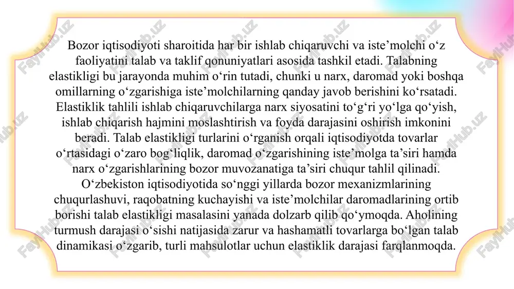 masalan, oziq-ovqat mahsulotlarida talab ko‘pincha noelastik bo‘ladi, chunki iste’molchilar narx oshsa ham ularni xarid qilishni davom ettiradi. bozor sharoitida narx elastikligini bilish korxonalar uchun muhim, chunki u narxni o‘zgartirish orqali foydani optimallashtirish imkonini beradi. elastiklikning kamayish qonuniga ko‘ra, narx pasayganda talab miqdori oshadi, lekin ma’lum bir chegaradan keyin bu o‘sish sekinlashadi. mahsulotga bo‘lgan talab elastikligi turlari daromad elastikligi va iste’molchilarning daromad o‘zgarishiga munosabati daromad elastikligi — iste’molchilarning daromad darajasi o‘zgarishiga nisbatan mahsulotga bo‘lgan talabning qay darajada o‘zgarishini ifodalaydi. bu ko‘rsatkich mahsulotlarni uch guruhga ajratadi: normal, hashamatli va inferior (arzon o‘rnini bosuvchi) tovarlar. agar daromad oshganda mahsulotga talab ham oshsa, bu normal tovar; agar kamayib ketsa — inferior tovar deyiladi. masalan, daromad oshganda odamlar ko‘proq go‘sht, meva yoki texnika xarid qiladi, biroq arzon mahsulotlarga talab kamayadi. o‘zbekiston iqtisodiyotida daromad elastikligi aholining turmush darajasiga va iste’mol strukturasi o‘zgarishiga bevosita ta’sir qiladi. shu sababli, bu ko‘rsatkich soliq siyosati, ijtimoiy dasturlar va ishlab chiqarish …