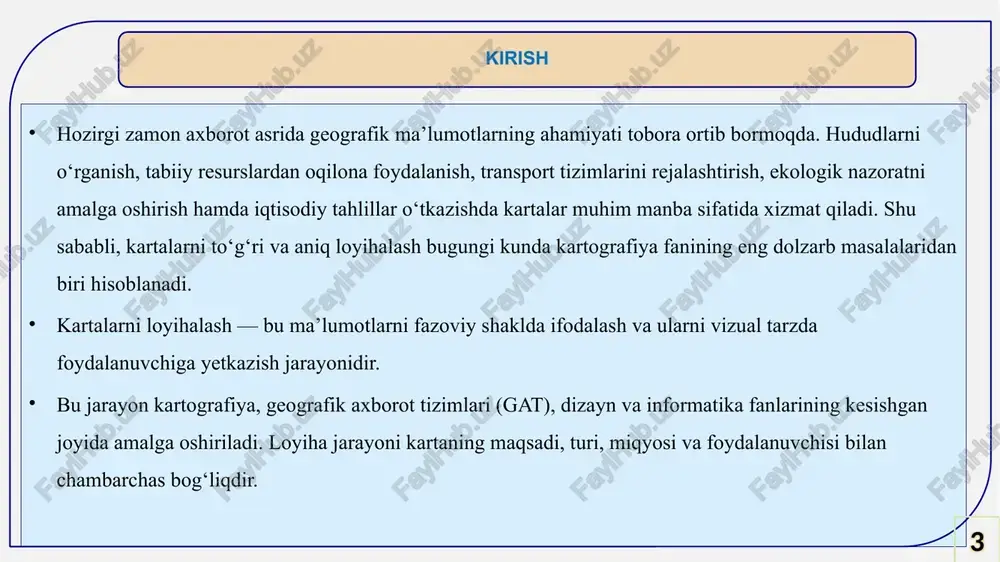 vchi asosiy omillardandir. ma’lumot manbalarini tanlash va tayyorlash 9 yer sferik shaklda bo‘lgani sababli uni tekislikda aks ettirish uchun matematik proyeksiyalar qo‘llanadi (masalan: konik, silindrik, azimutal). miqyos esa kartada qancha tafsilot berilishini belgilaydi: yirik miqyos – shahar, tuman, xo‘jalik kartalari; o‘rta miqyos – viloyat yoki mintaqaviy xaritalar; kichik miqyos – mamlakat yoki dunyo xaritalari. proyeksiya va miqyosni tanlash 10 karta belgilarining to‘g‘ri tanlanishi axborotni tez va aniq tushunishga imkon beradi. belgilar uch xil bo‘ladi: nuqtaviy belgilar (shahar, kon, manba); chiziqli belgilar (yo‘llar, daryolar, chegaralar); maydon belgilar (o‘rmon, cho‘l, suv havzasi). belgilar rang, shakl, o‘lcham va joylashuv orqali ma’lumot turini farqlaydi. 11 kartografik belgilar tizimini yaratish karta nafaqat aniq, balki estetik jihatdan ham chiroyli bo‘lishi kerak. rang uyg‘unligi, shriftdan foydalanish, legenda va ko‘rsatkichlarning joylashuvi kartaning o‘qilishi va tushunilishini osonlashtiradi. 12 grafik dizayn va kompozitsiya tahliliy bosqich 13 bu bosqichda karta yaratilishining maqsadi, foydalanuvchi talablari, axborot manbalari, texnik imkoniyatlar o‘rganiladi. tahlil natijasida …