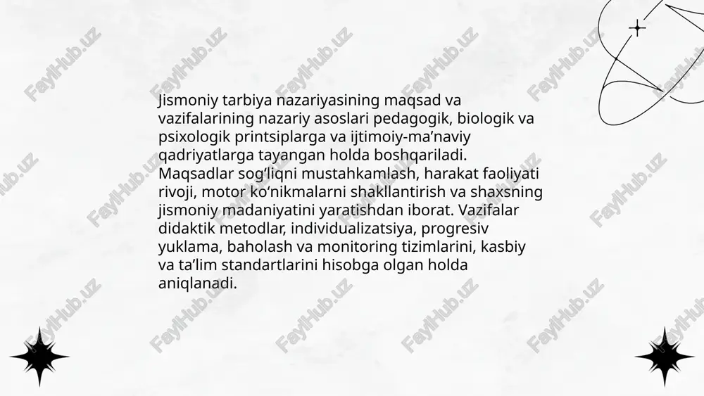 ni rejalashtirish va mashg‘ulot maqsadlarini belgilash metodikasi quyidagilarni o‘z ichiga oladi: 1. maqsadlarni aniq, o‘lchovli va vaqt bilan belgilash (smart tamoyili). 2. individualizatsiya va progressivlikni ta’minlash. 3. dars strukturasini 3 bosqichga ajratish: kirish, asosiy, yakun. 4. mashqlar tanlovi, vositalar va vaqt taqsimoti. 5. diagnostika va baholash mezonlarini aniqlash hamda xavfsizlik talablariga rioya qilish. jismoniy tarbiya nazariyasi va metodikasining maqsad va vazifalari dilshoda rustamova e'tiboringiz uchun raxmat! image1.png image2.png image3.png /docprops/thumbnail.jpeg