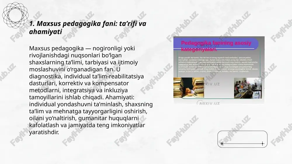 sh, mustaqil hayotga tayyorlash, oilani va muhitni moslashtirishdir. vazifalari diagnostika, individual reja tuzish, integratsiyalashgan ta'lim, maxsus treninglar, rehabilitatsiya-profilaktika ishlari va natijalarni monitoring qilishdan iborat. ... t.me/slaydai_bot moslashtirilgan o‘quv-tarbiyaviy texnologiyalar maxsus ehtiyojli talaba uchun o‘qitish jarayonini individual, adaptiv va integratsiyalashgan tarzda tashkil etish usullari majmuasidir. ularning asosiy tamoyillari: individualizatsiya, diferensiyalash, multimodal ta’lim materiallari, yordamchi texnologiyalar va qat’iy baholash tizimi orqali natijaviy monitoring. maqsadlar: o‘quv jarayonini mavjud qilish, ijtimoiy moslashuv, mustaqil faoliyatni rivojlantirish va teng huquqli ta’lim imkoniyatlarini ta’minlash. maxsus pedagogika fani va uning vazifalari qoʻchqarova farogʻat e'tiboringiz uchun raxmat! image1.png image2.png image3.png image4.jpg image5.png image6.jpg image7.jpg /docprops/thumbnail.jpeg