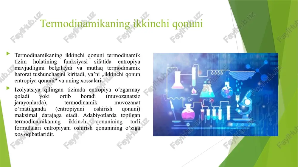 ltzmanning entropiya qonuni oddiy statistik talqinni oldi: tizim eng ehtimoliy holatga intiladi, yaʼni faqat shu jarayonlar oʻz-oʻzidan sodir boʻladi, bunda tizim kamroq ehtimollik holatidan ehtimoliyroq holatga oʻtadi. boltsmanning entropiyani atom-molekulyar darajadagi tartibsizlik oʻlchovi sifatida talqin qilishi, agar „entropiya“ atamasini „tartibsizlik“ soʻzi bilan almashtirsak, yaqqol namoyon boʻladigan bir qancha muhim qonuniyatlarni kashf qilish imkonini berdi. vilgelm ostvald vilgelm ostvald 1892 yilda termodinamikaning ikkinchi qonunini 2-tur doimiy harakat mashinasini yaratishning mumkin emasligini, yaʼni bir issiqlik rezervuaridan ishlay oladigan siklik ishlaydigan izotermik issiqlik dvigatelini yaratish mumkin emasligi haqidagi bayonot tarzida shakllantirdi. shuning uchun doimiy haroratli muhitdan olingan barcha energiyani ishga aylantirish 2-turdagi abadiy harakat mashinasini yaratishning mumkin emasligi toʻgʻridan-toʻgʻri yuqoridagi tomson printsipidan kelib chiqib, unga ekvivalentdir. hermann helmgolts hermann helmgolts (1884) birinchi boʻlib, entropiya va mutlaq termodinamik haroratni aniqlash uchun aylana jarayonlarini koʻrib chiqish va ideal gazning mavjudligi haqidagi farazni oʻz ichiga olishni hojati yoʻqligiga eʼtibor qaratdi. helmgoltsning shogirdi n. n. shiller 1887-1910 …