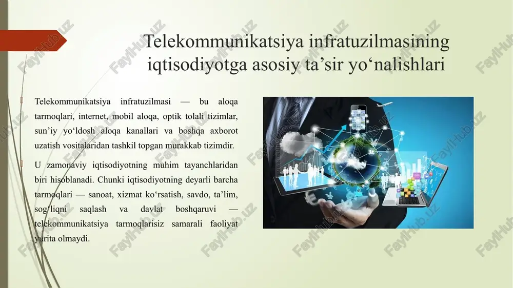 d mamlakatlarga sarmoya kiritishni afzal ko‘radi. bundan tashqari, telekommunikatsiya sohasining o‘zi ham milliy iqtisodiyot uchun muhim daromad manbai hisoblanadi. mobil operatorlar, internet provayderlari, sun’iy yo‘ldosh kompaniyalari orqali byudjetga milliardlab so‘m soliq tushumlari shakllanadi. mehnat bozori va yangi kasblar shakllanishi telekommunikatsiya infratuzilmasining rivojlanishi mehnat bozorini tubdan o‘zgartiradi. masofadan ishlash imkoniyatlari, frilanserlik, onlayn xizmat ko‘rsatish va raqamli marketing kabi yo‘nalishlar keng tarqalmoqda. shuningdek, yangi kasblar — kiberxavfsizlik mutaxassisi, sun’iy intellekt muhandisi, data-analitik, telekom injeneri, raqamli transformatsiya menejeri — telekommunikatsiya infratuzilmasining mavjudligi va rivojlanish darajasiga bevosita bog‘liq. hududiy rivojlanish va ijtimoiy tenglik telekommunikatsiya infratuzilmasi iqtisodiy rivojlanishda hududlar o‘rtasidagi tafovutni kamaytiradi. qishloq joylarda internet tarmoqlarining kengayishi natijasida aholining onlayn ta’lim, masofaviy tibbiy maslahat, elektron savdo va davlat xizmatlaridan foydalanish imkoniyati ortadi. bu jarayon iqtisodiyotning inklyuziv rivojlanishiga olib keladi — ya’ni iqtisodiy o‘sish faqat markaziy shaharlar emas, balki chekka hududlardagi aholiga ham foyda keltiradi. telekommunikatsiyaning moliya sektori va innovatsiyalarga ta’siri telekommunikatsiya infratuzilmasi moliya sektorining raqamlashtirilishini …