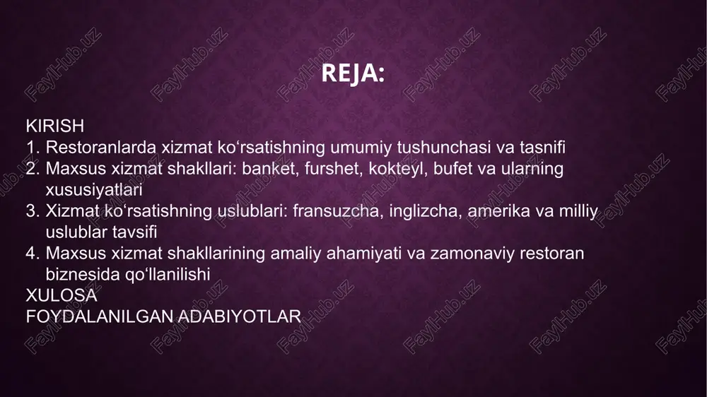 tlar bir necha daqiqadan so'ng mavjud bo'lib, ko'pincha boshqa joyga ovqatlanish uchun olib ketishadi; va kafeteryalar, bu erda odamlar xizmat ko'rsatish liniyalari orqali o'tadi va odatda holatlarda ko'rsatiladigan turli xil allaqachon tayyorlangan taomlardan tanlaydi. ko'pgina restoranlarda alkogolli ichimliklar taqdim etiladigan alohida bar yoki dam olish joylari mavjud va ko'plab yirik restoranlarda odamlar guruhlari uchun maxsus ziyofat xonalari mavjud. arava va do‘konlardan oziq-ovqat yetkazib beruvchi ko‘cha sotuvchilari ko‘pchilik mamlakatlarda keng tarqalgan, ko‘pincha iqtisodiyotning norasmiy sektorining bir qismidir. restoranlar va mehmonxonalar yakka tartibda yoki oilaviy mulk bo'lishi mumkin va boshqariladi, sherikliklarga tegishli yoki yirik korporativ shaxslarga tegishli bo'lishi mumkin. ko'pgina korporatsiyalar zanjirdagi alohida restoran yoki mehmonxonalarga egalik qilmaydi, balki mahalliy egalarga nom va uslubdagi franchayzing beradi. restoran ishchi kuchiga oshpazlar va boshqa oshxona xodimlari, ofitsiantlar va bosh ofitsiantlar, stol avtobuslari xodimlari, barmenlar, kassir va kiyim xonasi xodimlari kirishi mumkin. kattaroq restoranlarda o'z vazifalari bo'yicha yuqori darajada ixtisoslashgan xodimlar mavjud. restoranlarda ishchi kuchining …