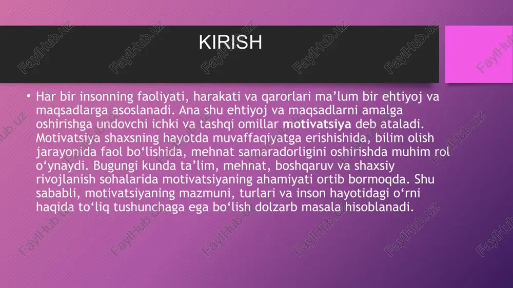 atsiya inson hayotining barcha jabhalarida markaziy o‘rin tutadi. u shaxsni maqsad sari yo‘naltiruvchi, faoliyatga undovchi va bu faoliyatni davom ettirishga turtki beruvchi asosiy psixologik kuchdir. motivatsiya bo‘lmasa, insonning faoliyati sustlashadi, qiziqish pasayadi va natijada yuqori samaraga erishish qiyinlashadi. 1. ta’lim jarayonida motivatsiyaning roli o‘quvchilarning bilim olishga bo‘lgan qiziqishi, darslarga faol qatnashishi, mustaqil izlanish olib borishi bevosita motivatsiya darajasiga bog‘liq. ichki motivatsiyaga ega bo‘lgan o‘quvchi darslarni majburiyat sifatida emas, balki shaxsiy rivojlanish yo‘li sifatida qabul qiladi. o‘qituvchilar tomonidan to‘g‘ri rag‘batlantirish, qiziqarli metodlar qo‘llash va o‘zaro ishonchli muhit yaratish ta’lim jarayonidagi motivatsiyani kuchaytiradi. ish joyida motivatsiya xodimlarning mehnat unumdorligi, ishga bo‘lgan mas’uliyati va sadoqatini belgilovchi asosiy omillardandir. moddiy rag‘batlar bilan birga, xodimlarga hurmat ko‘rsatish, ularning g‘oyalarini qadrlash va ijodiy imkoniyat yaratish motivatsiyani oshiradi. natijada ishlab chiqarish samaradorligi ortadi, jamoada ijobiy psixologik muhit shakllanadi. 3. shaxsiy rivojlanishda motivatsiyaning o‘rni motivatsiya insonni o‘z oldiga maqsad qo‘yishga, qiyinchiliklarga bardosh berishga va o‘z ustida ishlashga undaydi. …