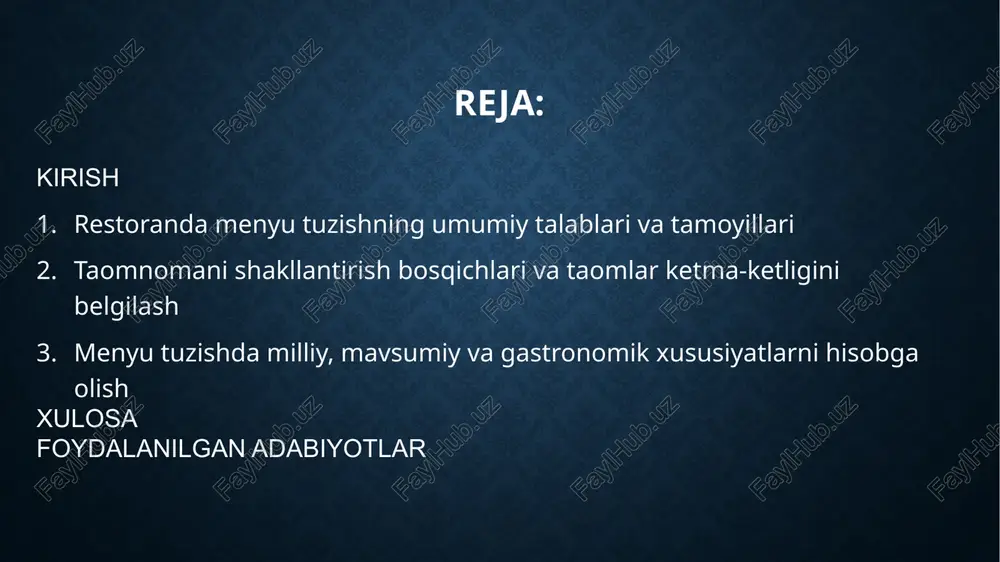 a ikki yoki uch marta berilishi mumkin. ushbu turdagi menyudan korxonalar, sanatoriylar, pansionatlar va dam olish uylarida ham foydalanish mumkin. kundalik ovqatlanish menyusini tayyorlashda idishlarning energiya qiymatini hisobga olish va umumiy kaloriya tarkibini individual ovqatlar orasida taqsimlash kerak (masalan, nonushta - 15, tushlik - 60, kechki ovqat - 25%). nonushta menyusi odatda quyidagilarni o'z ichiga oladi: sharbatlar va fermentlangan sut mahsulotlari; sabzavot yoki deli mahsulotlaridan tayyorlangan sovuq tuyadi; tayyorlanishi oson bo'lgan issiq taom; sariyog '; murabbo; issiq ichimlik; un qandolat mahsulotlari; non yoki tost. tushlik menyusi : gazak; sho'rva; ikkinchi kurs; shirinlik; sovuq shirin taom; issiq ichimliklar; non. tushlik menyusini tayyorlashda uning umumiy kaloriya miqdori hisobga olinadi, shuning uchun kaloriya miqdori yuqori bo'lgan idishlarni kaloriya miqdori past bo'lgan idishlar bilan birlashtirish kerak. menyu tuzishda milliy, mavsumiy va gastronomik xususiyatlarni hisobga olish oldindan qadoqlangan taom menyusi oldindan qadoqlangan nonushta, tushlik va kechki ovqat menyusidan iborat. har bir taom uchun ikkita yoki …