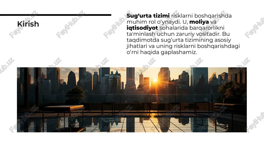 urta tizimi, risklarni boshqarish va iqtisodiy barqarorlikda muhim rol o‘ynaydi. u, shaxslar va korxonalar uchun xavfsizlikni ta'minlaydi. sug‘urta orqali, iqtisodiyotning barqarorligini oshirish va xavflarni kamaytirish mumkin. xulosa