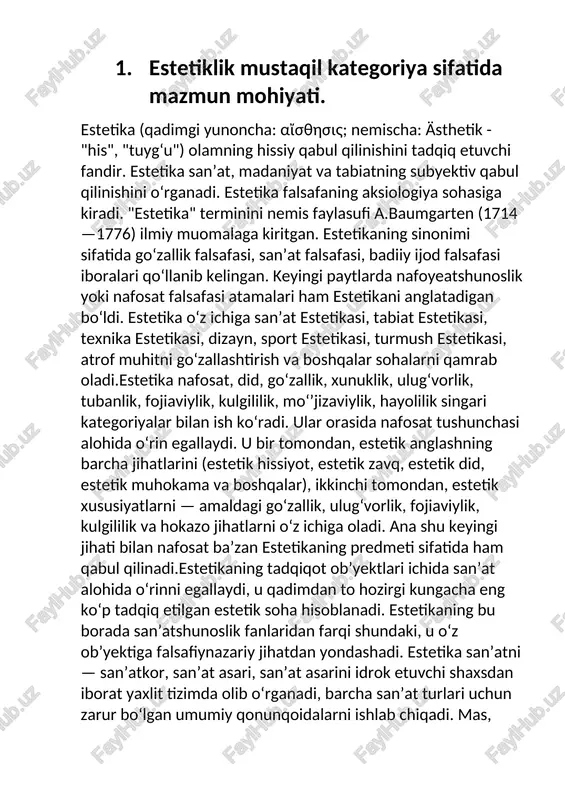 arga anglatish, o‘qitish kabi maxsus vazifani estetika fani bajaradi. estetika falsafiy fandir. falsafa — tafakkur gulshani, ma'naviyat bog‘i. falsafa fani — haq yo‘lga o'rgatuvchi ta'limot, dunyoqarashni shakllantiruvchi, odam va olamni bilish ilmidir. falsafiy fanlar — etika (axloqshunoslik) vijdoniylikni, pok, halol bo‘lishni o‘rgatsa, estetika (nafosatshunoslik) esa go‘zallik haqida hilim beruvchi fandir. 2. qadimgi yunoniston va rimda estetik qarashlarning paydo bo’lishi. qadimgi yunoniston yoki ellada (qadimgi yunoncha: ἑλλάς) — bolqon yarim orolining janubi, egey dengizidagi orollar, frakiya sohillari, kichik osiyoning gʻarbidagi dengiz sohilida joylashgan qadimiy yunon davlatlari hududining umumiy nomi. arxeologik maʼlumotlarga koʻra, yunoniston hududida odamlar paleolit davridan yashab kelmoqda. xalkidika yarim orolidan neandertal odamining bosh suyagi chiqqan. neolit davrida yunoniston aholisi dehqonchilik, chorvachilik bilan shugʻullanib, oʻtroq hayot kechirgan. yunonistoning jez davri madaniyati shartli ravishda kritmiken madaniyati yoki egey madaniyati deb atalgan. miloddan avvalgi 3-ming yilliqda yunoniston etnik tarkibi rangbarang (pelasglar, leleglar va boshqalar) boʻlgan; ularni protoyunon qabilalari — axeylar, ioniyaliklar siqib …