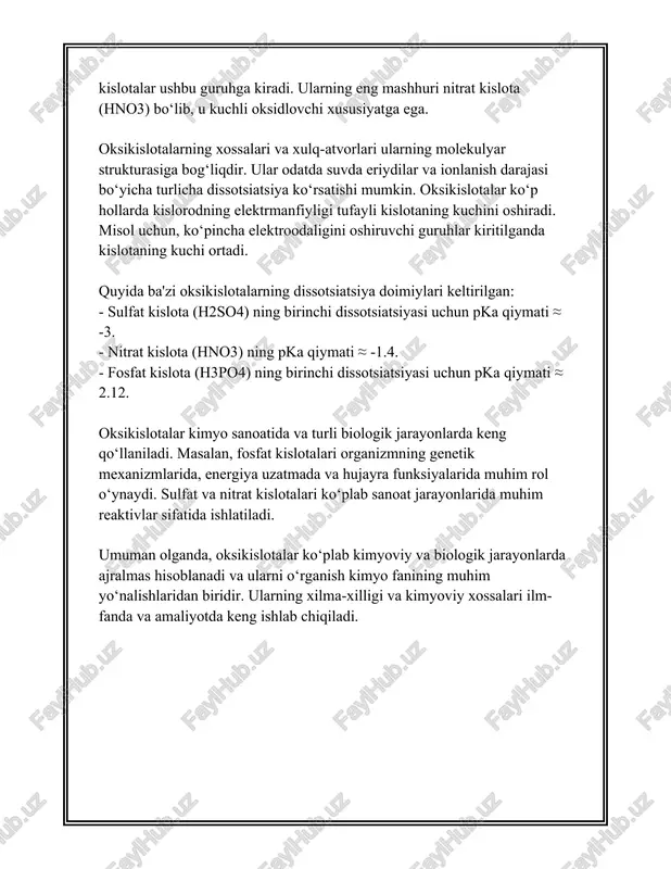 islotasidir. metan kislotalar turkumiga kiritilgan sirka kislotasi ko'plab maishiy va sanoat ilovalarda, shu jumladan oziq-ovqat saqlash va turli xil kimyoviy reaksiya proseslarida ishlatiladi. biologik ahamiyati jihatidan, karboksil kislotalar ham turlari turli xil bo'lib, ular orasida yog' kislotalari, amino kislotalar, va boshqa muhim biomolekulalar mavjud. yog' kislotalari molekulalari energetik manba sifatida xizmat qiladi va memrani tuzilishiga hissa qo'shadi. masalan, olein kislotasi (\(c_{18}h_{34}o_2\)) tabiiy yog'larda uchraydi va inson organizmi uchun zaruriy yog' kislotasi hisoblanadi. amino kislotalar esa oqsillarni tuzuvchi asosiy birikmalardir. karboksil (cooh) va amin (nh2) guruhlarini saqlaganligi sababli, bu birikmalar hayot uchun juda zarurdir. oqsillar barcha tirik organizmlarda tuzilish, transport, kataliz va signal yetkazish kabi bir qator hayotiy jarayonlarda rol o'ynaydi. krebs tsikliga kiruvchi muhim karboksil kislotasi - limon kislotasi (\(c_6h_8o_7\)), u asosiy metabolik jarayonda muhim rol o'ynaydi. ushbu sikl organizm hujayralaridagi energiya ishlab chiqarishda ishtirok etadi. kimyoviy jihatdan, karboksil kislotalarning xususiyatlarini ionlashish qobiliyati belgilaydi. karboksil kislotalar ionizatsiya natijasida g'oyat kuchsiz …