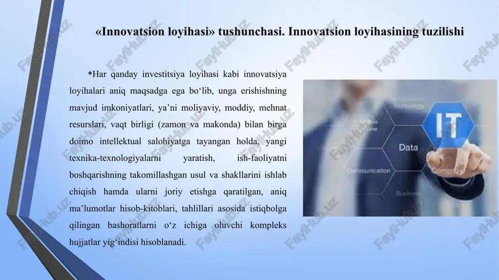 bankning innovatsiya mahsuloti, mahsulot bozori, raqobatchilar haqida ishlab chiqqan ma’lumoti; - hamkorlar bilan aloqada korxonani tanishtiruvchi, rivojlantirish maqsadlari haqidagi reklama materiallarini tayyorlash. innovatsion loyihalarni rejalashtirish. loyihaning muvaffaqiyati va uni belgilovchi mezonlar innovatsion loyihalarni rejalashtirish. loyihaning muvaffaqiyati va uni belgilovchi mezonlar innovatsiya loyihasiga tayyorlangan biznes-reja quyidagi imkoniyatlarni yaratadi: - loyihani tashqi investorlar tomonidan moliyalashtirish imkonini olish; - korxonaning innovatsion siyosatini ishlab chiqarish; - bozor strategiyasini ishlab chiqarish; korxona rivoji uchun asosiy maqsadlarni aniqlash; - mos keluvchi byudjetni shakllantirish. innovatsiya loyihalari biznes-rejasini ishlab chiqishda uning alohida bosqichlarini ajratish muhim. chunki har bir bosqich o‘zida davrni namoyon etib, uni amalga oshirish bo‘yicha ko‘zlangan tadbirlar jarayonida o‘tkaziladi. har bir bosqichning maqsadi keyingi bosqichga o‘tish to‘g‘risidagi qarorni qabul qilishni hisobga oluvchi texnik informatsiya yig‘ish hisoblanadi. innovatsiya loyihalari g‘oyalar, fikrlar va texnik echimlarning ilmiy-texnik ahamiyati darajasi bo‘yicha quyidagi tarzda tasniflanadi: - modernizatsion loyihalar, bunda namuna konstruksiyasi yoki asosiy texnologiya tub o‘zgarmaydi; - novator loyihalar, bunda yangi …