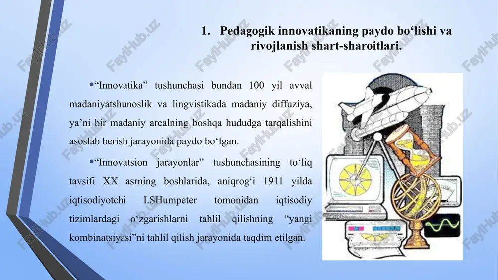 ich rivojiga bog‘liq bo‘lib, pedagogikadagi yangilik - bu faqatgina g‘oya, yondashuv, metod, texnologiya, shunchaki taqdim etilgan va hali foydalanilmagan holatdagi emas, balki bu innovatsion jarayonning majmuaviy va alohida tarkibiy qismidir, u esa o‘zida o‘zgaruvchan sharoitlarda va holatlarda ta’lim-tarbiya masalalarini etarlicha samarali hal etishni ifoda etadi. innovatsiya innovatsiya esa - bu ma’lum bir bosqich asosida rivojlanadigan jarayondir. u bir nechta ma’nodagi tushunchalarni beradi: 1. innovatsiya bu - ta’limning yangi mazmuni, shakl va metodlarini ishlab chiqish. 2. yaratilgan pedagogik tizimni joriy etish va ommalash- tirish. 3. ta’lim muassasasini boshqarish va rivojlantirishning yangi texnologiyasini ishlab chiqish. 4. tajriba-sinov ob’ekti sifatida. 5. yaxlit pedagogik jarayonni innovatsiyalash. 6. yangiliklarning qo‘llanilish darajasini yangi mahsul- dorliklar bilan o‘zgartirish bosqichi. innovatsion faoliyat innovatsion faoliyat - pedagogik jamoani harakatga keltiruvchi, olg‘a boshlovchi, taraqqiy ettiruvchi kuchdir. innovatsion faoliyat - bu yangi ijtimoiy talablar bilan an’anaviy me’yorlarning mos kelmasligi, yoxud amaliyotning yangi qo‘llanilayotgan me’yorining mavjud me’yor bilan to‘qnashuvi natijasida vujudga keluvchi …