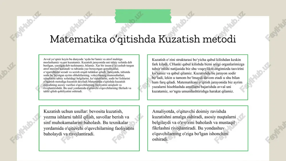 farq. qancha juft topasiz? nazariy eksperiment: euclid usuli (tub sonlar cheksizligi) 1. topilgan tublar to‘plamini oling, masalan {2,3,5,7}. 2. ularning ko‘paytmasiga 1 qo‘shing: 2×3×5×7 + 1 = 211. 3. 211 ni tekshiring — u tub chiqadi. bu usul tub sonlar cheksizligini tushunishga yordam beradi (odamlar o‘sha natijani turlicha sinab ko‘rishadi). matematika o‘qitish jarayonida har xil obhektlar bilan ish ko‘rishga to‘g‘ri keladi. ana shu holatlarda qanday matematik obhektlarni bir-biri bilan taqqoslash mumkin va qachon mumkin emas? degan savolga javob to’ish maqsadida taqqoslash metodini o‘rganamiz. ta’rif. berilgan matematik obhektlarning o‘xshashligi va farqini o‘rganishmetodiga taqqoslash deyiladi. mahlumki, atrofimizni o‘rab turgan muhitni va unda bo‘layotgan o‘zgarishlarni bilish uchun ularda qatnashayotgan voqeliklar va manbalarni birini ikkinchisi bilan taqqoslaymiz va ularda sodir bo‘layotgan sifat o‘zgarishlarni aniqlaymiz o‘rganamiz. taqqoslash metodi buning uchun quyidagi rukn (printsip) larga rioya qilish lozim bo‘ladi: 1kg tosh ogʻirmi yoki 1kg paxtami🙃 taqqoslash mahnoga ega bo‘lishi kerak – bu bir jinsli obhektlar orasida …