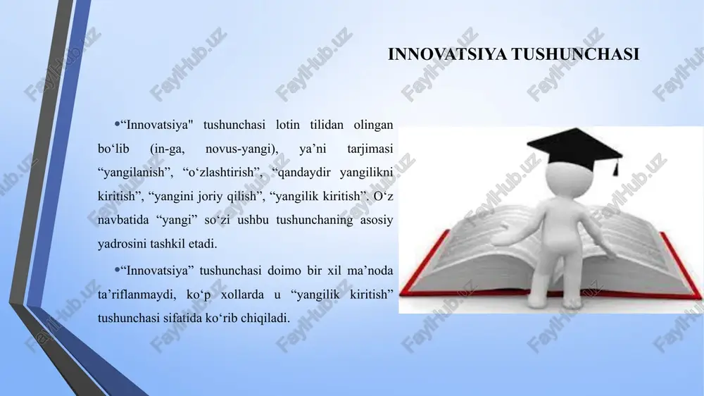 atsiyalar va qisqa muddatli innovatsiyalar, radikal va reformatorli, avtoritar va liberal, initsiativ va administrativ va boshqalar. innovatsiyalar texnologiya, iqtieodiyot, savdo-sotiq, ijtimoiy tizim bilan aloqadorlikda xilma-xil ko‘rinishlarda namoyon bo‘ladi. innovatsiya turlarini tasnif etishga turlicha yondashuvlar innovatsiya turlarini tasnif etishga turlicha yondashuvlar ana shu nuqtai nazardan jamiyat rivojlanishida joriy etiladigan innovatsiyalarni quyidagicha tasnif tuzish mumkin: pedagogik innovatsiyalar tashkiliy innovatsiyalar iqtisodiy innovatsiyalar texnologik innovatsiyalar innovatsiyalar tasnifi pedagogik innovatsiyalar deganda, pedagogik yangiliklarni o‘rganish, o‘zlashtirish, ularni baholash, foydalanish va amaliyotga tatbiq etish tushuniladi. amaliyotchilarni kuproq yangilanishlarning aniq natijalari tashvishga solsa, olimlarni aksincha faoliyatga tegishli bo‘lgan bilimlar tizimi qiziqtiradi. innovatsiyalar tasnifi tashkiliy innovatsiyalarga ta’lim muassasasini boshqarishning yangi metodlarini amalga oshirish, tashqi aloqa o‘rnatish va ish o‘rinlarini tashkil etish tushuniladi. tashkiliy innovatsiyalar ta’lim muassasasining o‘quv-tarbiya jarayoni samaradorligiga qaratilgan va ma’muriy buyruqbozlikdan voz kechadigan faoliyat turidir. tashkiliy innovatsiyalar yangi metodlar asosida xodimlarning mas’uliyati va vakolatidan kelib chikib ish taqsimotini samarali tashkil etishga xizmat qiladi. bu esa, o‘z navbatida …