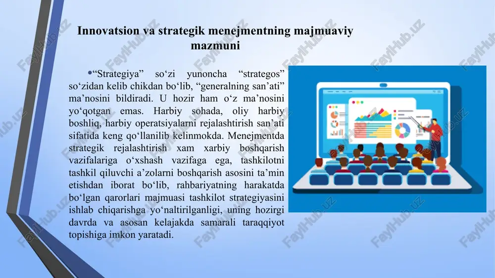 im muassasalarining innovatsion faoliyatini amalga oshirishda pedagogik xodimlar va o‘quvchilarning ijodiy faoliyatini tashkil etishga zaruriy shart-sharoitlarni yaratish; • ta’lim muassasasining faoliyatini takomillashtirish va rivojlantirishda turli ta’lim muassasalari va boshqa tashkilotlar bilan xodimlarning ilmiy-amaliy hamkorlik ishlariga yordam ko‘rsatish; • pedagogik xodimlarning ilmiy-tadqiqot ishlariga shart-sharoit yaratib berish hamda mazkur yo‘nalishdagi faoliyatlarini qo‘llab-quvvatlash; • ilg‘or pedagogik tajribaga ega bo‘lgan mutaxassislarning faoliyatini ommalashtirish va fan-texnika yutuqlarini o‘z faoliyatiga tatbiq etishga ko‘maklashish; • mutaxassislarning o‘z ustida mustaqil ishlashi, bilim, ko‘nikma va malakalarini orttirib borishi, o‘zaro tajribalar almashinishi hamda o‘z vaqtida malaka oshirishlari uchun imkoniyatlar yaratish va hokazo. maqsadlarning tavsiflari maqsadli strategik jarayon korxona uchun aniq maqsadlarni belgilash muvaffaqiyatga erishishga qaratilgan aniq ish rejalariga o‘tishga yordam beradi. qo‘yilgan maqsad, ko‘zlangan natijalarga erishish uchun talab etiladigan kuch-g‘ayratni va tashkiliy harakatlarni o‘z ichiga qamrab oladi. amaldagi holatdan ko‘zlangan maqsadga erishish uchun firma barcha imkoniyatlaridan oqilona foydalanishga, birmuncha tadbirkorroq bo‘lishga, o‘zining moliyaviy ko‘rsatkichlari va ish faoliyatini maqsadli amalga oshirishga …