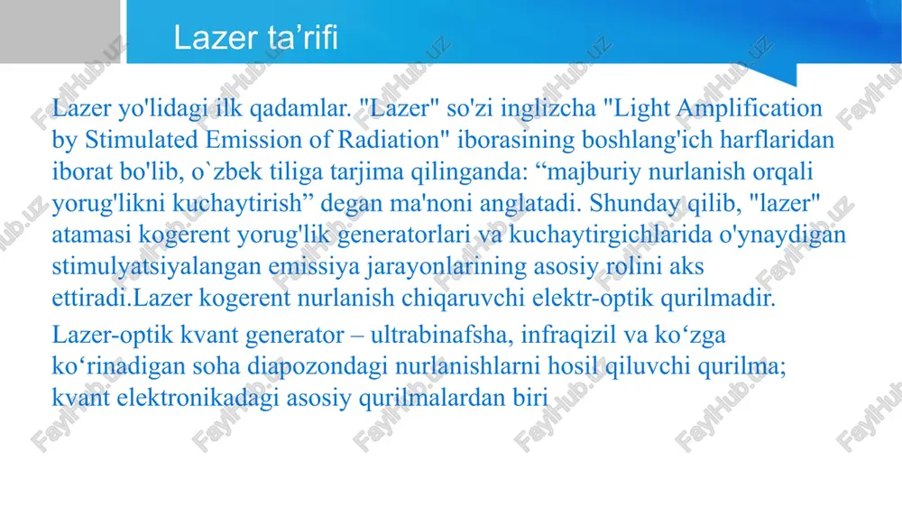 va takomillashtirilmoqda. 1962-1963 yillarda birinchi yarimo'tkazgichli lazerlar bir vaqtning o'zida sssr va aqshda yaratilgan.shunday qilib, optikaning yangi, "lazer" davri boshlandi. lazerlarning qo’llanilishi ` lazer turli sohalarda keng qoʻllanadi. qattiq jismli lazerlar lazer spektroskopiyasida, lazer texnologiyasi (qattik, jismlarni qirqish, payvandlash, teshish) da, nochizigʻiy optikada, gazli lazerlar esa chastota va uzunlikni standartlashda, optik sistemalarni sopash, marksheyder ishlarida, lazerlar kimyosida, tibbiyotda; yarimoʻtkazgichli lazelar ixcham, yengil boʻlib, optik aloqa sistemalarida, audio va video sistemalarida, tunda koʻrish qurilmalarida, maʼlumotni optik qayta ishlash va proyeksion lazer televideniyesida keng qoʻllanilmoqda. kimyoviy lazerlar atmosfera tarkibini nazorat qilish sistemalarida ishlatiladi. lazerlar kriminalistika, yer ustidagi uzoq masofalarda va suv osti optik aloqasida, nur tolali telefon aloqa sistemalarida, lazerkompakt-diski yasashda, xirurgik operatsiyalarda, oftalmologiyada, boshqariluvchi termoyadro sintezida va hokazo k.da ishlatiladi. . 2004 yilda, diodli lazerlarni hisobga olmaganda, qiymati 2,19 milliard aqsh dollariga teng boʻlgan taxminan 131 000 ta lazer sotilgan. xuddi shu yili taxminan 733 million diodli lazer sotilgan, ularning qiymati …