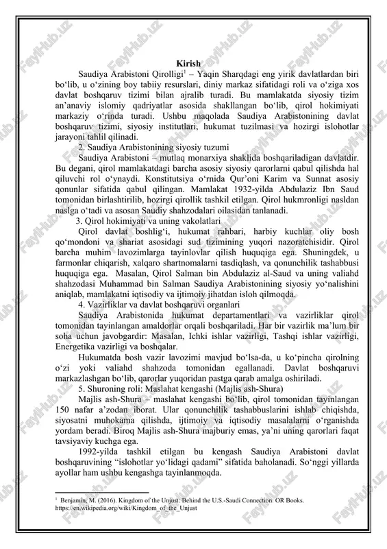 iya arabistoni davlat boshqaruvining asosiy xususiyatlaridan biri – bu diniy hukmlarning markaziy rolidir. mamlakatdagi barcha qonunlar va hukm chiqarish jarayonlari shariat asosida amalga oshiriladi. qur’on va sunnat asosiy huquqiy manbalar hisoblanadi. diniy ulamolar – shayxlar, muftiylar va fatvo beruvchi diniy kengashlar davlat siyosatida bevosita ishtirok etadilar. diniy politsiya (mutawa), odob-axloqni saqlash va islomiy qoidalarga rioya etilishini nazorat qiladi, lekin so‘nggi yillarda uning vakolatlari cheklanmoqda. davlat tuzumi saudiya arabistoni— mutlaq teokratik monarxiya. davlat boshligʻi – podshoh, ayni vaqtda bosh vazir va qurolli kuchlar oliy bosh qoʻmondoni hamdir. u hukumat (vazirlar mahkamasi)ni tuzadi. 1992-yil 1 martda podshoh farmoni bilan 4 yillik muddatga shoʻro (maslahat) kengashi tashkil etilgan. saudiya arabistoni davlat boshqaruv tizimi mutlaq monarxiya hisoblanadi. bu tizimda barcha siyosiy va davlat boshqaruvi vakolatlari qirol qo'lida jamlangan. quyida saudiya arabistonining boshqaruv tizimining asosiy jihatlari keltirilgan: 1. qirol (podshoh) davlatning oliy rahbari va ijro hokimiyatining boshlig‘i hisoblanadi. qirol bir vaqtning o'zida bosh vazir vazifasini …