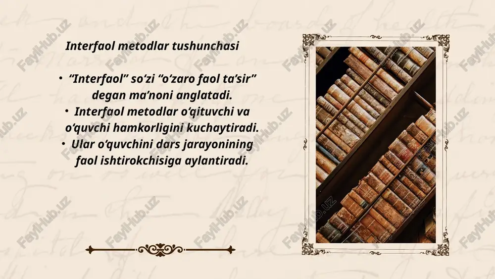 uvchi — bilim manbai emas, ilhom manbai. o‘quvchining roli o‘quvchi dars jarayonining faol ishtirokchisidir. u fikrlaydi, savol beradi, izlanadi. har bir o‘quvchi o‘z fikri bilan darsga hissa qo‘shadi. hamkorlikning afzalliklari o‘zaro hurmat va ishonch shakllanadi. o‘qish jarayoni yanada faol va mazmunli bo‘ladi. jamoaviy ishlash ko‘nikmasi rivojlanadi. muloqot madaniyati hamkorlik muloqot madaniyatini rivojlantiradi. fikrni to‘g‘ri va odob bilan ifodalash o‘rgatiladi. muloqot – ta’limning yuragi hisoblanadi. lev tolstoy: “eng yaxshi o‘qituvchi – o‘quvchisidan ham o‘rganadigan o‘qituvchidir.” interfaol metodlarning ta’lim samaradorligiga ta’siri samaradorlik tushunchasi samaradorlik — ta’lim natijasining sifat bilan uyg‘unlashuvi. interfaol metodlar bu uyg‘unlikni ta’minlaydi. ular o‘quvchini o‘ylashga va izlanishga majbur qiladi. 01 02 bilimning chuqurlashuvi faol ishtirok bilimni mustahkam qiladi. fikr almashish orqali yangi tushunchalar shakllanadi. o‘quvchi bilimni eslab qolmaydi, balki tushunadi. motivatsiya va qiziqish qiziqarli metodlar o‘quvchini darsga jalb etadi. raqobat va hamkorlik o‘rganishga turtki beradi. ijobiy muhit o‘qish istagini kuchaytiradi. 01 02 ijodkorlik va mustaqil fikrlash interfaol o‘qitish ijodiy …