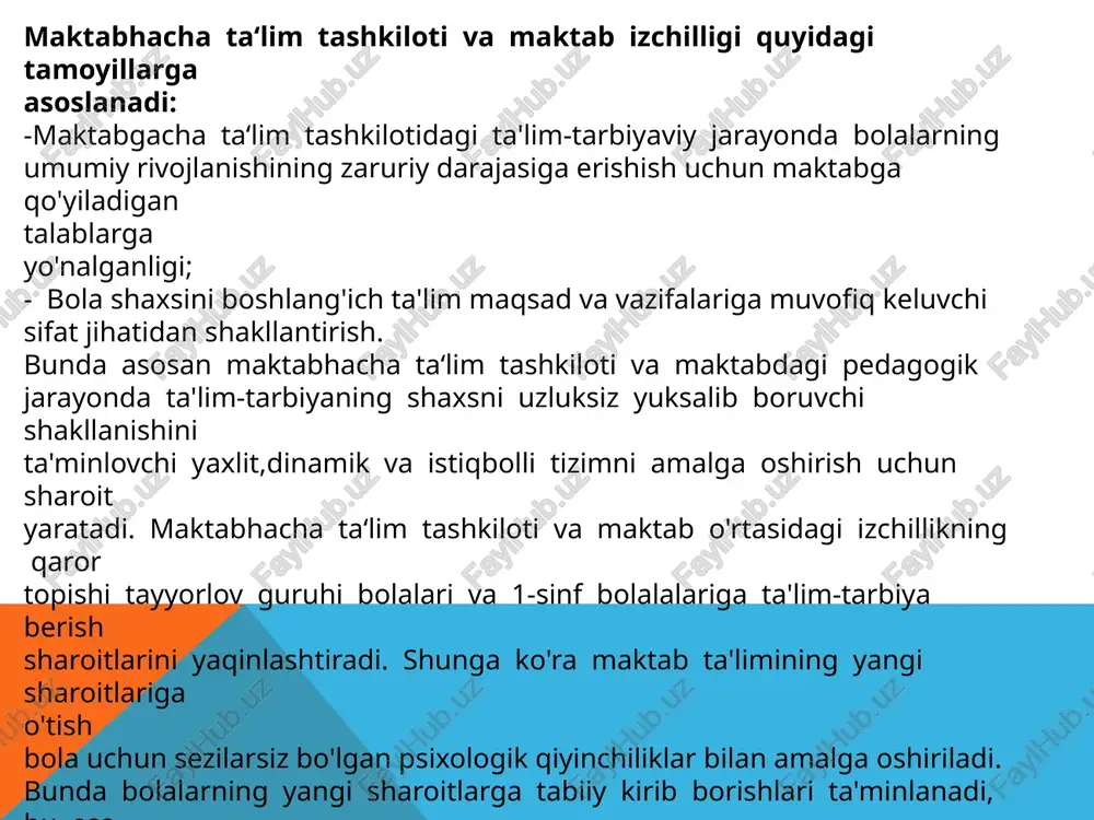 obiliyatlari rivojlanadi. axloqiymunosabatlar, xulqatvor etikasi tarbiyalanadi. mehnat ahliga ijobiy munosabatni shakllantirish, malaka va ko'nikmalari shakllantiriladi. mehnat ta'limidagi izchillik amalga oshiriladi, mustaqillik, uyushtira olish, tashkilotchilik kabilar rivojlanadi. 2.maktabgachata‘limtashkilotivamaktabdasturlaridagiizchillik. maktabhacha ta‘lim tashkiloti va maktabda amalga oshiriladigan ta'limtarbiyaviy ish mazmunini belgilovchi dastur aloqasi izchillik asosini tashkil etadi. maktabhacha ta‘lim tashkiloti va boshlang'ich sinflarning amaldagi dasturlarini qiyoslash ular o'rtasida ma'lum izchil aloqa borligini ko'rsatadi. bu quyidagilarda namoyon bo'iadi: - maktab va maktabhacha ta‘lim tashkiloti dasturlariga asos qilib olingan falsafiy va psixologik nuqtayi nazarlar birligi; - ta'lim-tarbiyajarayonidagi prinsiplar birligi (mazmunning tarbiya maqsadi vavazifalarigamuvofiqligi,ilmiyligi, ta'limning tarbiyalovchi va rivojlantiruvchi xususiyatlari); - fanlar o'rtasidagi izchillik. maktabhacha ta‘lim tashkiloti va maktabda ona tilining boshlang'ich kursini o'qitishga bolalar nutqini har tomonlama rivojlantirib borish g'oyasi asos qilib olingan. maktabhacha ta‘lim tashkilotidalug'atni rivojlantirish, tovushmadaniyatini shakllantirish, nutqning grammatik tuzilishini shakllantirish, bog'lanishli nutqni shakllantirish, ijodiy hikoya qilish, badiiy adabiyot bilan tanishtirish, o'qish va savodga tayyorgarlik, oddiy tahlil va sintez qilish ko'nikmalari rivojlanadi. maktabda bu …