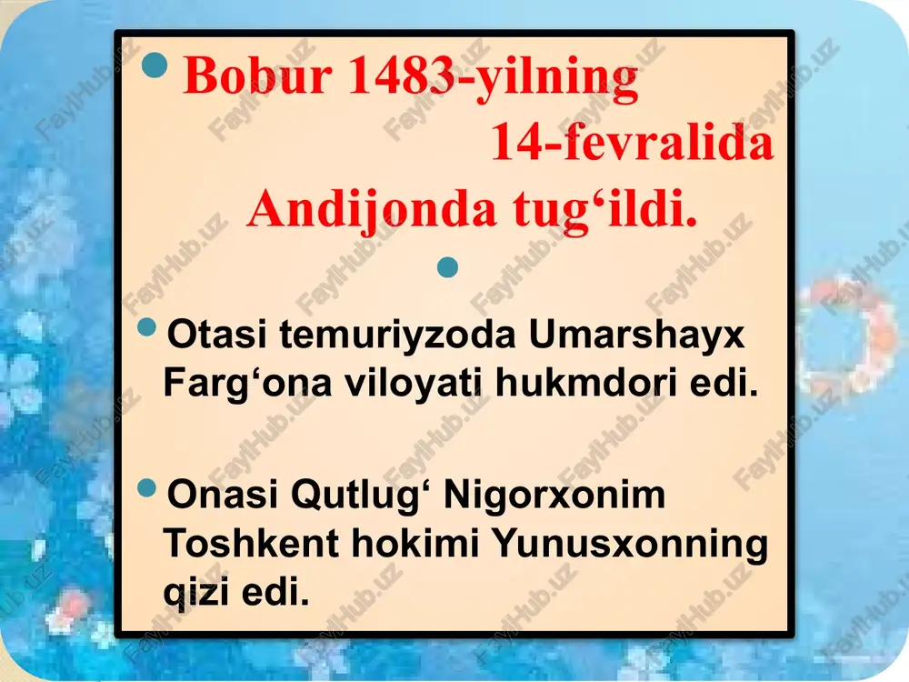 , a. keyzer tomonidan qisqartirilgan holda nemis tiliga (1828), pave de kurteyl tomonidan to‘la holda fransuz tiliga (1871) tarjima qilingan. n. i. ilminskiy qozonda nashr ettirdi (1857). m. sale rus tiliga to‘la tarjima qilib, 3 marta (1958, 1982, 1993) nashr ettirdi… p. shamsiyev va s. mirzaevlar tomonidan «boburnoma»ning ikki jildli (1948) va bir jildli (1960) nashri chop etildi. istiqlol yillarida bobur haqida qomus yaratildi. memuar nima? "memuar" fransuzcha "esdalik" ma'nosini anglatadi. muallifning o'zi qatnashgan yoki ko'zi bilan ko'rgan real voqealar haqida hikoya qilingan asar memuar asar hisoblanadi. oybekning "bolalik", a. qahhorning "o'tmishdan ertaklar" asarlari memuarning namunalaridir. memuar asarlar bayon qilish shakli, zamoniy izchilligi jihatidan kunda-liklarga o'xshab ketsa, materialning tabiati, tasvirlanayotgan voqealarning haqqoniyligi, badiiy to'qimaning yo'qligiga ko'ra ilmiy asarlarga yaqin turadi. bilimingizni sinang! bobur necha yoshda 1-marta samarqandni egallaydi? bobur “xatti boburiy”ni kashf qilganda necha yoshda edi? boburning lirik merosi? bobur kimning qaysi asarini she’riy yo`l bilan tarjima qildi? “boburnomada” “baldan …