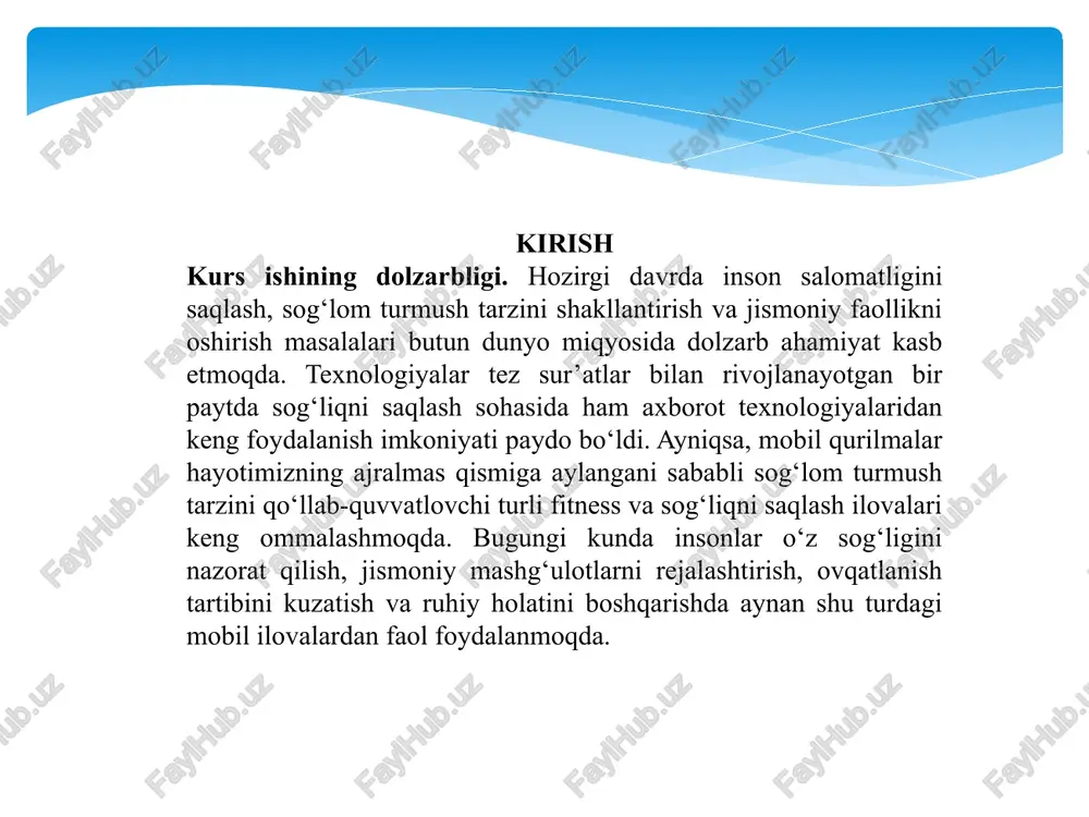 atliroq qarashga o‘rgatadi, ularni muntazam harakatlanishga, o‘zini nazorat qilishga, rejalashtirishga undaydi. ayniqsa, yoshlar orasida bu ilovalar o‘z sog‘ligini boshqarishning eng mashhur usuliga aylangan. shuningdek, ilova ishlab chiqishda zamonaviy texnologik yechimlar – flutter, react native, node.js, django, postgresql, firebase, graphql, oauth 2.0 kabi vositalarning afzalliklari tahlil qilindi. aynan shu yechimlar ilovaning tezkor, ishonchli va barqaror ishlashini ta’minlaydi. bundan tashqari, foydalanuvchi ma’lumotlarini himoya qilish uchun xavfsizlik protokollari (jwt, oauth) va bulutli texnologiyalar (google cloud, aws) qo‘llanilishi muhim ahamiyat kasb etadi. bu bobda shuningdek, foydalanuvchi interfeysi (ui/ux) dizayni masalalari ham batafsil yoritildi. interfeys dizayni nafaqat vizual jozibadorlik, balki foydalanuvchi uchun qulaylik va motivatsiyani shakllantirish vositasi sifatida qaraldi. ux dizayni foydalanuvchining ilovadan foydalanish jarayonini qulay, tezkor va intuitiv tarzda tashkil etishga xizmat qiladi. ui dizayn esa ranglar uyg‘unligi, shrift tanlovi, tugmalar o‘lchami, grafik elementlar va navigatsiya tizimining aniqligini ta’minlaydi. fitnessning asosiy maqsadi – inson organizmining jismoniy holatini optimal darajada ushlab turish, yurak-qon tomir tizimi, …