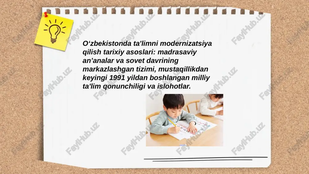 hi ishtirok etdi. ... t.me/slaydai_bot dasturiy-modul tizimi va kompetensiyaga asoslangan standartlar joriy etildi. amaliy mashgʻulotlar hajmi haftasiga 20-30 soatgacha oshirildi. mahalliy sanoat bilan hamkorlik 60% gacha oshdi. ... t.me/slaydai_bot inklyuziv ta'lim va maxsus ehtiyojli oʻquvchilar bilan ishlash oʻzbekistonda ta'lim tizimini modernizatsiyalashning muhim yo’nalishi. 5 ta asosiy tamoyil: teng imkoniyat, individualizatsiya, moslashtirilgan oʻquv dasturi, atrof-muhitning toʻsiqsizligi, jamoaviy yondashuv. ... t.me/slaydai_bot asosiy choralar 1) oʻqituvchilar va mutaxassislarni tayyorlash 2) resurs xonalari va yordamchi texnologiyalar 3) individual ta'lim rejalari ... t.me/slaydai_bot 4) ota-onalar va ijtimoiy xizmatlar bilan integratsiya 5) monitoring va moliyalashtirish mexanizmlari. maqsad barcha oʻquvchilarni umumta'lim maktablariga samarali integratsiya qilish. ... t.me/slaydai_bot oʻqituvchilarni raqamli kompetensiyalar bo‘yicha qayta tayyorlash, elektron boshqaruv tizimlari va ma'lumotlar bazalarini yaratish ustuvor yo'nalishlaridir. ... t.me/slaydai_bot darslik va o'quv dasturlarini modernizatsiyalash 3 ta asosiy yo'nalishda amalga oshiriladi: mazmunni yangilash, metodologiyani kompetensiyaviy asosga o'tkazish va raqamlashtirish. yangi dasturlarda stem, tanqidiy fikrlash va amaliy ko'nikmalar ustuvorligi belgilangan. ... t.me/slaydai_bot baholash va …