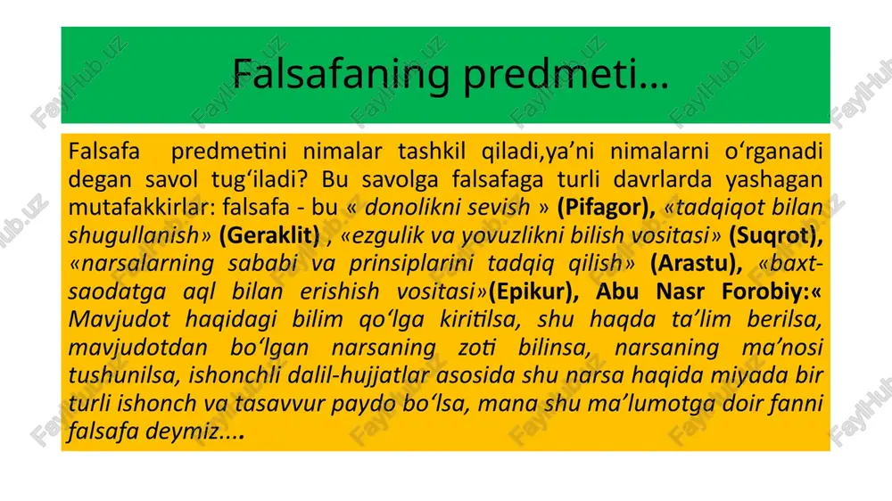 lsafa o'zbek falsafasi pozitivistik falsafa ateistik falsafa va boshqalar falsafaning funktsiyalari dunyoqarashlik funksiyasi ontologik funksiyasi metodologik funksiyasi gnoseologik funksiyasi ijtimoiy funksiyasi aksiologik f unksiyasi evristik funksiyasi falsafaning metodlari dialektika metodi dialektika [yunoncha dialektike – sug'batlashish,bahs qilish san'ati] «metafizika» bu tushunchani falsafa tarixida birinchi marta, qadimgi yunonistonning buyuk faylasufi arastuning «ilk falsafa» deb atalgan asarlariga nisbatan ishlatilgan.(metafizika [yunoncha « meta ta physika» -«fizikadan keyin» (aristotelning falsafiy asarlari nomidan)] dialektikaga qarama-qarshi o'laroq,tabiat va jamiyat hodisalarini rivojlantirishda va bir-biriga bog'liq holda olib qapamasdan,bir biridan uzilgan holda,turg'un va o'zgarmas holda olib tekshiraligan,hodisalarning ichki qarama-qarshiliklarini inkor etuvchi bilim metodi). sofistika - bilib turib, xato asoslardan yolg‘on xulosa chiqarish (bu yerda so‘fiylik falsafasi emas, o‘rta asrlarda yevropada keng tarqalgan alohida falsafiy ta’limot nazarda tutiladi).sofistika [yunoncha sopistika – munozarani ayyorlik bilan olib borish,uning yo'nalishini o'zgartirib yuborish mahorati.] mantiq qonunlarini atayin bo'zib,yolg'on dalillarga asoslangan holda muhokama yuritish. eklektika turli qarama-qarshi nazariyalarni, qarashlarni aralash-quralash qilib yuboruvchi tafakkur usuli bo‘lib, …