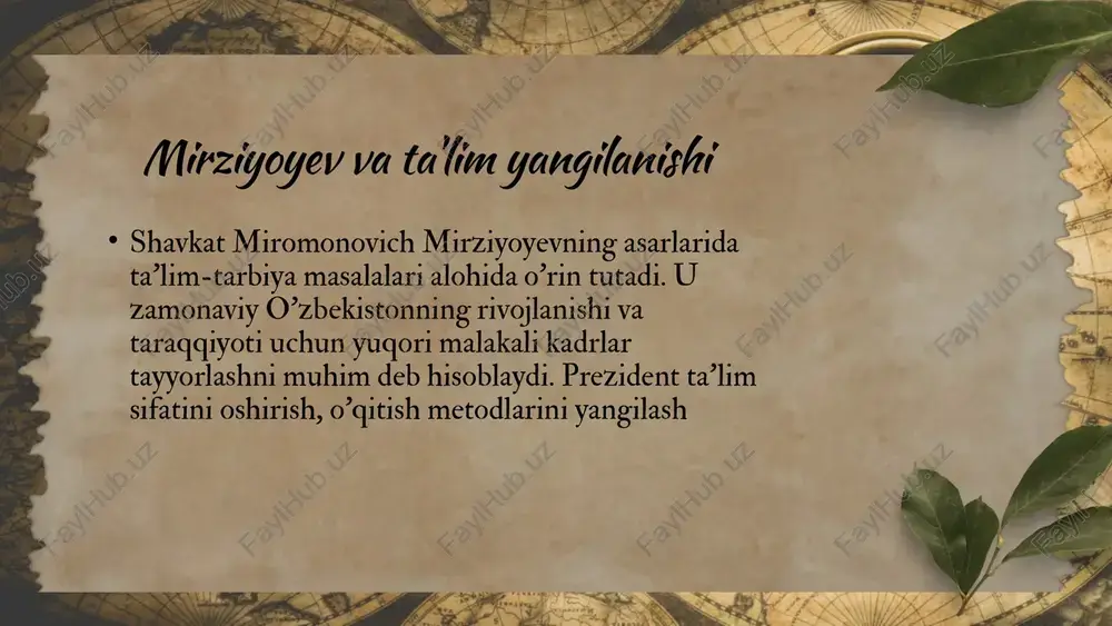 h, o'qituvchilarning malakasini yuksaltirish va ta'lim muassasalarining moddiy-texnik bazasini mustahkamlash - bu sohada barqaror o'sish va innovatsiyalarni qo'llab-quvvatlashning asosiy shartlaridir. zamonaviy talablar asosida kasb-hunar ta'limi tizimini takomillashtirish - bu yoshlarga raqobatbardosh bilim va ko'nikmalar berish orqali ularning bandligini ta'minlash va iqtisodiy rivojlanishga hissa qo'shish demakdir. oliy ta'limdagi islohotlar va yondashuvlar prezident mirziyoyevning ta'lim sohasidagi konseptsiyalari ta'lim-tarbiya masalalariga yondashuvda milliy qadriyatlar va an'analar bilan hamohanglik, shuningdek, global tendensiyalarni hisobga olish - bu yosh avlodni har tomonlama yetuk insonlar qilib tarbiyalashning muhim jihatlari hisoblanadi. ta'lim sifatini oshirish strategiyasi shavkat mirziyoyevning asarlarida oliy ta'lim tizimini takomillashtirishga alohida e'tibor qaratilgan. oʻzbekiston respublikasi prezidenti ta'lim sifatini oshirish va bu jarayonda oʻqituvchilarning rolini kuchaytirish, shuningdek, talabalar tajribasini boyitish uchun amaliyot va innovatsion yondashuvlarni qoʻllab-quvvatlashga urgʻu beradi. ushbu yondashuvlar ta'lim tizimining xalqaro standartlarga moslashuvini va bitiruvchilarning ish bozorida raqobatbardoshligini oshirishga qaratilgan. oliy ta'limda innovatsion yondashuvlar innovatsiya va texnologiyalar oliy ta'lim tizimining asosiy ustunlaridan biri sifatida belgilangan. prezident …