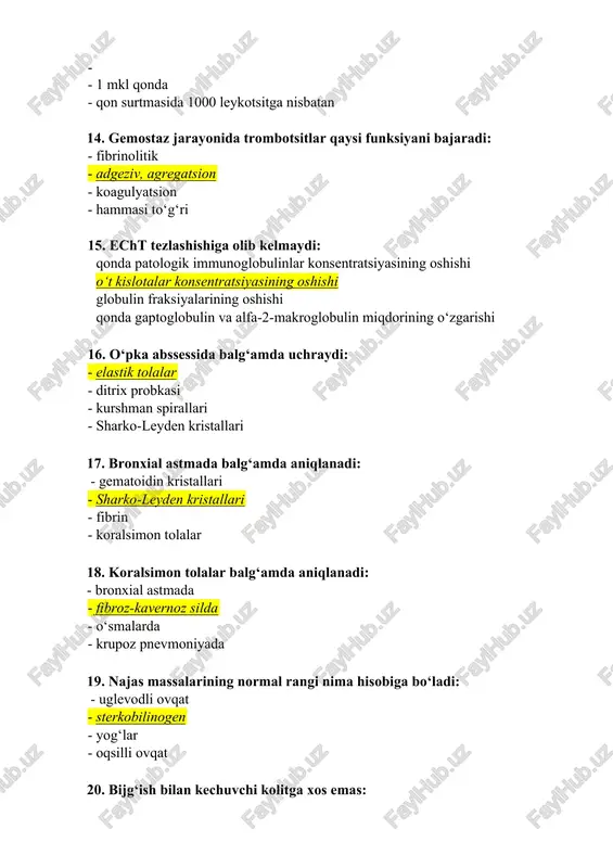 tini yaxshilash imkonini beradi 29. seroz suyuqliklarning asosiy hujayraviy elementlari: · neytrofil · mezoteliy · limfotsit · makrofag 30. "anizotsitoz" nimani bildiradi: -turli xil shakldagi eritrotsitlar -turli xil diametrdagi eritrotsitlar turli xil bo‘yalgan eritrotsitlar - eritrotsitlarning son jihatdan kamligi 31. buyrakning asosiy morfofunksional birligi bu: · kanalcha · nefron · yig‘uvchi naylar · koptokcha 32. "poykilotsitoz" nimani bildiradi: · turli xil diametrdagi eritrotsitlar · turli xil shakldagi eritrotsitlar · eritrotsitlar hajmi · eritrotsitlarning soni 33. najasning normal rangi nima bilan belgilanadi: · uglevodli ovqat · sterkobilinogen · yog‘lar · oqsilli ovqat 34. ginekologiyada sitologik skriningning asosiy vazifasi nimadan iborat: - gormonal xolatni aniqlash · o‘sma oldi protsesslarini va erta rakni aniqlash · bepushtlikni oldini olish · bachadon bo‘yinchasi raki turlarini tarqalishini aniqlash 35. granulotsitar qatorning qaysi hujayralari normada periferik qonga chiqadi: · limfotsitlar, monotsitlar, segmentoyadroli neytrofillar · eozinofillar, bazofillar, plazmatik hujayralar · tayoqcha yadroli va segment yadroli neytrofillar, eozinofillar, bazofillar …