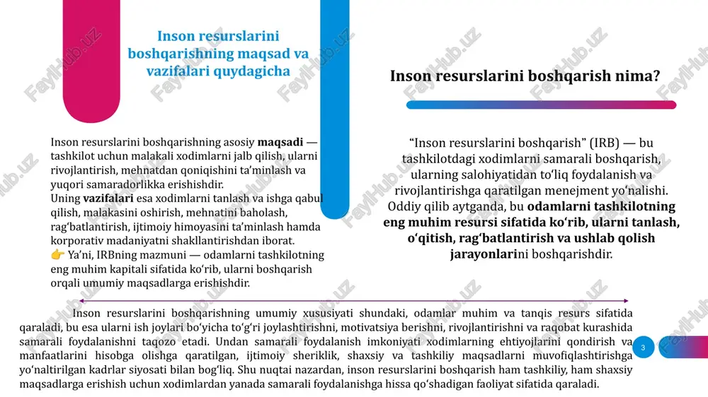 i. personalga ishlab chiqarish yoki boshqaruv operatsiyalarni bajaruvchi va mehnat predmetlari, mehnat vositalaridan foydalangan holda qayta ishlash bilan band bo’lgan barcha xizmatchilar kiritiladi. bunda ―kadrlar, ―xizmatchilar, ―personal, tushunchalari bir xil ma‘nolarni anglatadi. 7 aksariyat tashkilot va firmalar inson resurslarni boshqarish jarayonini “ insonlar bilan bog’liq amaliyot” sifatida qaraydilar. 7 yuqoridagi rasmda tashkilot biznes strategiyasini ta’minlashi lozim bo’lgan irbning bir qator muhim amaliyotlari tasvirlangan bo’lib, ular ish o’rinlarini tahlil qilish va loyihalash, maxsus bilim va ko’nikmaga ega bo’lgan nechta xodim kerak bo’lishini aniqlash( inson resurslarini rejalashtirish), potensiyal xodimlarini jalb etish(rekruting), munosib nomzodlarni tanlash, xodimlarni o’z ishlarini qanday bajarish lozimligi bo’yicha o’qitish va ularni istiqbolga tayyorlash, ularning faoliyat natijalarini baholash, mehnatiga ko’ra mukofotlash hamda ijobiy mehnat muhitini shakllantirish kabilarni o’z ichiga oladi. tashkilot yuqoridagi barcha amaliyotlarni yaxshi boshqarsagina ijobiy faoliyat yuritgan bo’ladi. 8 9 boshqacha qilib aytadigan bo'lsak, u avtomobil ishlab chiqaradimi yoki ob-havoni bashorat qiladimi, tashkilot o'z ishida muvaffaqiyat qozonishi uchun …