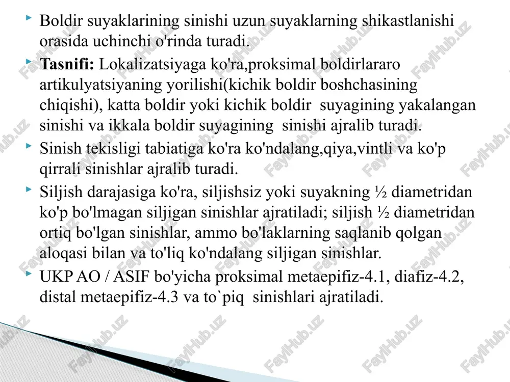 sh usuli qo'llaniladi (gustilo va boshq.,1984). 2.suyak shikastlanishining og'irligi.kuchli ta'sir natijasida paydo bo'lgan sinishlar kichikdan ko'ra ko'proq vaqt davomida mustahkamlanadi; 3.sinishningstabilligi.suyakga yuklama berilganda siljish paydo buladi.qiya sinishlar suyak segmentining qisqarishiga moyil.eng nostabil-bu og`ir parchalik sinishlar va ko`pincha mahanik brqarorlashtirirshga muhtoj. singan joyini 20 ml 2% novokain eritmasi bilan va spitsa o`tadigon joyni 0,5% novokain eritmasi bilan anesteziya qilgandan so'ng, skelet tana tortmasi tovon suyagi orqasidan yoki kamroq to`piq ustidan o`tkaziladi. oyoq beler shinasiga yotqiziladi, shunda tizza bo'g'imining chuqurligi shinaning egilishiga to'g'ri keladi. tortish o'rta chiziq bo'ylab emas,balki boldirning tabiiy varus egriligini saqlab qolish uchun tortish yo'nalishini biroz ichkariga siljitish maqsadga muvofiqdir. boshida, 7-10 kg og'irlikdagi tortish qo'llaniladi. uzunlik bo'ylab siljishni bartaraf etgandan so'ng, yuk 5-7 kg gacha kamayadi klinikaoyoqni yumshoq to'qimalarning shikastlanishi uchun tekshirish kerak: ko'karishlar,kuchli shishish,terining aşınması va shikastlanishi,ochiq yaralar,qon aylanishining o'zgarishi,pulsning zaiflashishi yoki yo'qligi,sezgirlikning pasayishi yoki yo'qligi va oyoq barmoqlarini harakatga keltira olmaslik.uzoq ezilish sindromi belgilarining paydo bo'lishi …