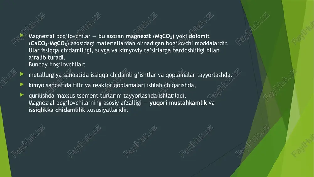 ekis taqsimlanadi, shuning uchun pechning ichki qoplamasi uzoqqa chi-daydi. aylanma pechda material yoki buyumlar yonilgʻining yonish mahsulotlari, elektr toki yoki elektr yoyi bilan qizdiriladi. quritish va issiqlik ishlovi berish (termik ishlash)da material pechning bir boshidan kiritilib, ikkinchi boshidan chiqariladi; bunday pechlar uzluksiz ish-lashi mumkin. suyuklantirish aylanma pechlari davriy ravishda ishlaydi, chunki shixta solish va suyuq me-tallni tushirish pay-tida pechni toʻxtatish kerak boʻladi. image1.jpeg image2.jpeg image3.jpeg image4.png image5.jpeg puarrynpox, kaphepx oxawrour kaphept pas gowrenen mapkaima marnerpayt mf £ te i e - ssa t 2.1.5-rasm. shaxtali pechda gorelkalarning joylashuvi 2.1.7-rasm. shaxtali pechni gaz ta’minot qurilmalari /docprops/thumbnail.jpeg suzzax politexnika instituti ‘qurilish muhandisligi fan:beton toldiruvchilar ‘texnalogiyasi 722-23 gurum ‘talabasi mardiboyeva mashxura