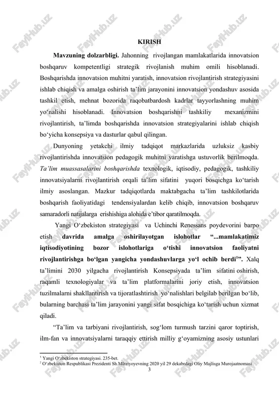 ton, f.fukuyama, z.bjezinskiy, d.xolms, pekka ximanen va manuel kastels kabi mutaxassislar o‘z izlanishlarida innovatsion jamiyatning vujudga kelishi, bunday jamiyatlarning rivojlanish tendensiyalarini keng yoritib berganlar. g‘arb olimlarining ushbu ilmiy muammolarga bag‘ishlangan asarlarini ikkinshi guruh adabiyotlar sifatida e’tirof etish mumkin . kurs ishi maqsadi – ta’limiy muhit pedagogik innovatika obekti ekanligini tahlil qilishdan iborat. kurs ishi vazifalari- ta’lim jarayoniga pedagogik innovatsiyalarni tadbiq etishdagi muammolarni aniqlash va yechimini topish masalalarini hamda bugungi kunda innovatsiyalar har bir faoliyatda zarur ekanligini aniqlashdan iborat kurs ishi ob’ekti: ta’limiy muhit pedagogik innovatika obekti kurs ishi predmeti - pedagogik innovatsiyalarni ta’lim jarayoniga tadbiq etishda metodlar va vositalardan foydalanish kurs ishi tuzilishi va hajmi: kirish, asosiy qism, umumiy xulosa, foydalanilgan adabiyotlar ro‘yxatidan iborat. i bob. ta’limiy muhitda pedagogik innovatikaning nazariy asoslari 1.1.ta’lim jarayonida pedagogik innovatsiyalarning mazmun mohiyati va mazmuni hozirgi vaqtda zamonaviy sifatli ta’lim va jamiyat rivojlanishi istiqbollari orasidagi bog‘liqlik yaqqol ko‘zga tashlanadi. rivojlanishning innovatsion yo‘liga o‘tgan mamlakat uchun …