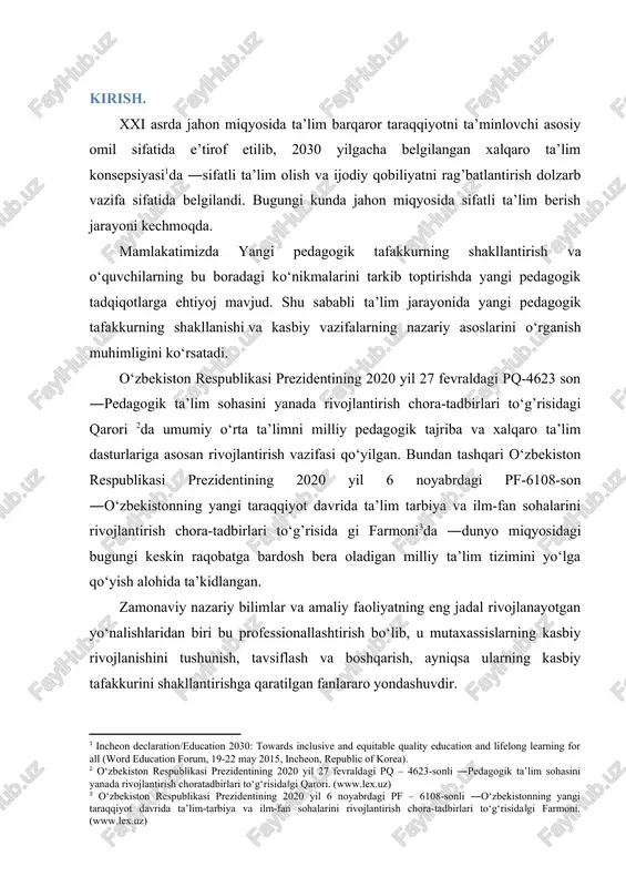 pedagogik tafakkurning shakllanishida tafakkurining maxsus va individual xususiyatlarini har tomonlama o‘rganish kurs ishining vazifalari: yangi pedagogik tafakkurning shakllanishida tafakkurining maxsus va individual xususiyatlarini har tomonlama o‘rganish va tahlil qilish kurs ishining ob’ekti - yangi pedagogik tafakkurning shakllanishida va kasbiy vazifalar. kurs ishi predmeti – mavzu bo‘yicha bilim malaka va koʻnikmalarini shakllantirish hisoblanadi. kurs ishi tuzilishi va hajmi: kirish, asosiy qism, umumiy xulosa, foydalanilgan adabiyotlar ro‘yhatidan iborat. i bob. yangi pedagogik tafakkurning shakllanishining nazariy pedagogik asoslari 1.1 pedagogik tafakkurni o‘rganishning psixologik asoslari tadqiqot natijalari shuni ko‘rsatdiki, ko‘pchilik sub’ektlar test masalalarini hal qilishning kundalik usullarini afzal ko‘rishadi. bu psixologik-pedagogik kontseptsiyalarning past darajada rivojlanganligini va shunga mos ravishda ushbu talabalar orasida psixologik fikrlashning kundalik turining ustunligini ko‘rsatadi. kasbiy fikrlash darajasini batafsilroq o‘rganish uchun sub’ektlardan test topshiriqlarini yechishning tanlangan usullarini yozma ravishda asoslash so‘ralgan. bundan tashqari, ularning har biri bilan suhbat o‘tkazildi. javoblar tahlili shuni ko‘rsatdiki, qarorlarni asoslash tartibi sub’ektlarga katta qiyinchilik bilan berilgan. …