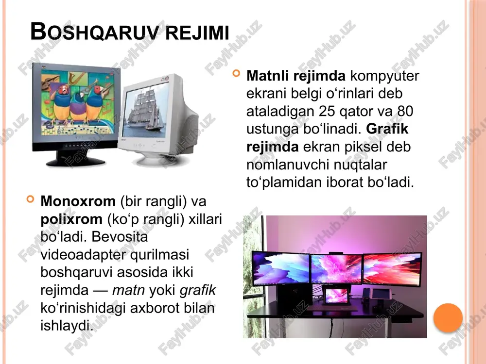 ishlatiladi), dvi-d (faqat raqamli) dvi-i (raqamli va analog) ). displayport ( dp ). displayport raqamli displey interfeysi bo'lib, u vga va dvi kabi displey texnologiyalarini yuqori unumli almashtirish sifatida video electronics standards association ( vesa ) tomonidan standartlashtirilgan. displayport-ning so'nggi versiyalari -1.3 va 1.4 -- 7680 x 4320 gacha bo'lgan piksellar sonini taqdim etishi mumkin. kompyuter ekranida nimaga e'tibor berish kerak? displey o'lchami. displey o'lchami - ekranning bir burchagidan qarama-qarshi burchagigacha bo'lgan diagonali uzunligi. tomonlar nisbati. ushbu o'lchov tasvirning kengligi va balandligini taqqoslaydigan nisbatdir. bugungi displeylarning aksariyati 16:9 nisbatiga ega, bu yuqori aniqlikdagi televizor ( hdtv ) bilan bir xil. rezolyutsiya. ruxsat - bu ekranda ko'rsatilgan piksellar soni odatda kenglik va balandlik bo'yicha o'lchanadi. piksel zichligi dyuymga (ppi) piksellar sonini bildiradi. ppi displey o'lchami va ruxsatiga asoslanadi. misol uchun, 3024 x 1964 o'lchamli 14 dyuymli ekran 258 ppi ga ega, ammo bir xil o'lchamdagi 17 dyuymli ekran faqat 212 ppi …