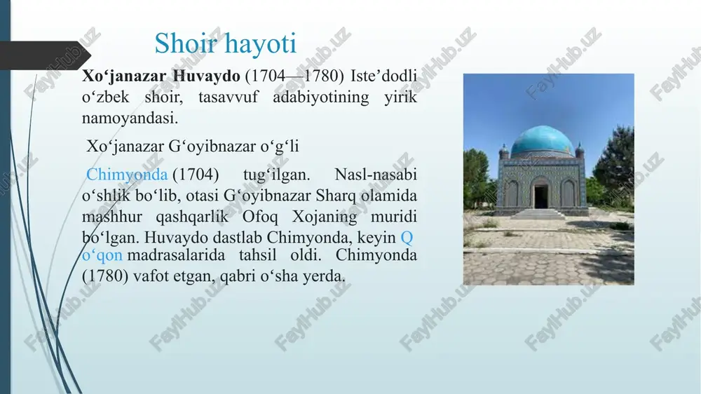 i, avlodlarini yetmish ikki millat xalqlari bilan doʻstlikni saqlashga chaqiradi. huvaydo bu misralarda “xizr” soʻzining qoʻllanilishi–talmeh, “haftodu du”-mulammaʼ (yaʼni turli yillarda sheʼr yozish) badiiy sanʼatlaridan foydalangan. buning uchun inson yaxshi odamlardan ajralmasligi, ularning yaxshi oʻgitlarini tinglashi, ular bilan gaplashishi kerak: “oʻlgucha yaxshi bila oʻltirgil-u bul hamnafas, yaxshidin, ey doʻstlar, hargiz koʻngil ozor emas”. huvaydo ijodiy me’rosi haqida oʻn ming misraga yaqin sheʼriy merosni qamragan huvaydo sheʼriyatida xviii asr ijtimoiy-madaniy hayotidagi insonparvar ruh oʻz ifodasini topgan. ijodining asosiy mazmunlari shoir ijodining asosiy mazmunini xalqchillik, hayotiylik, maʼnaviy-axloqiy tubanlikka qarshi nafrat, diniy mutaassiblikdan yiroqlashishga daʼvat kabi gʻoyalar tashkil etadi. shoir ijodida ijodkorlar ta’siri mashrab ruhiyati shoir sheʼriyatida, ayniqsa, mashrabona ruh ustuvor. uning koʻplab gʻazallari qofiya va radif uchun tanlangan soʻzlar jihatidan ham, mazmun, gʻoya va falsafiy dunyoqarash jihatidan ham mashrab asarlariga juda yaqin. devon mutolaasida huvaydo gʻazal, mustazod, ruboiy, chiston-gʻazal kabi ruhbob sheʼr turlari, masnaviy singari epik nazm namunalarining mumtoz ustasi sifatida namoyon …
