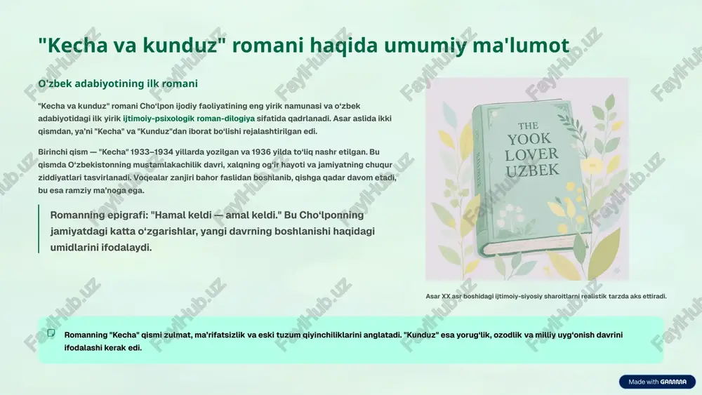 aqdiri orqali cho‘lpon ayollarning jamiyatdagi og‘ir ahvolini, ammo ularning yashirin kuchi va ozodlikka bo‘lgan irodasini ko‘rsatadi. zebi o‘zbek adabiyotidagi eng go‘zal va kuchli ayol obrazlaridan biri hisoblanadi. timsollar: go‘zallik, mustahkam iroda, ozodlikka intilish. 2 miryoqub ma’rifatli, ilmga chanqoq yosh yigit. u cho‘lponning ideal obrazidir, jamiyatni eski dogmalardan ozod qilish va uni ma’rifat bilan isloh etishni orzu qiladi. u xalq kelajagi uchun kurashuvchi jadid namunasini aks ettiradi. timsollar: ma’rifatparvarlik, kurashuvchan ruh, yangilikka intilish. 3 qurvonbibi zebining mehribon va fidoiy onasi. u o‘z qizining baxtini istaydi va uni eski tuzum qoidalaridan himoya qilishga harakat qiladi. u o‘zbek ayolining an'anaviy mehribonlik va qurbonlik fazilatlarini mujassam etgan. timsollar: ona mehr-muhabbati, an’anaviylik, sabr-toqat. 4 razzoq sofi salbiy obraz, eski tuzumning yopishqoq qoldig‘i. uning xatti-harakatlari jaholat, ta’magirlik va shafqatsizlikni aks ettiradi. razzoq sofi orqali cho‘lpon jamiyatni yemiruvchi kuchlarni fosh etadi. timsollar: jaholat, eski tuzumning qurboni, egoizm. 5 "kunduz" qismi haqida sirli ma'lumotlar: yo'qolgan meros "kecha va …