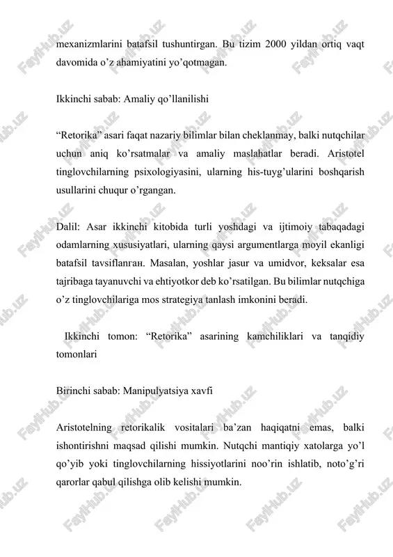 totelning “retorika” asari jahon madaniyati xazinasida alohida o’rin tutadi. asar nutq san’atini ilmiy jihatdan asoslagan, uning ichki mexanizmlarini ochib bergan va amaliy ko’rsatmalar taqdim etgan fundamental asar sifatida baholanadi. garchi zamonaviy sharoitlar ba’zi o’zgarishlarni talab qilsa ham va asarning noto’g’ri qo’llanilish xavflari mavjud bo’lsa ham, aristotel yaratgan retorika nazariyasi insoniyat uchun qimmatli intellektual meros bo’lib qolmoqda. bu asar orqali biz samarali muloqot qurish, o’z fikrlarimizni aniq ifodalash va boshqalarning nutqlarini tanqidiy baholash ko’nikmalarini rivojlantirishimiz mumkin.