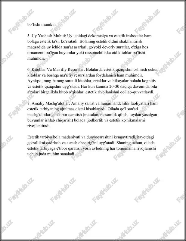 bilan tanishishi unga estetik miqyosda fikrlashni o‘rgatadi. maktabgacha tarbiya muassasalari va maktablarda san’at darslari estetik sezgirlikni rivojlantirishda muhim omildir. 2. **oilaviy muhit**: oila estetik sezgirlikning shakllanishida asosiy bazalardan biridir. ota-onalar va yaqinlar tarbiyalanganida estetik qadriyatlar va go‘zallik tushunchalari o‘z o‘rnida o‘rnatiladi. uyda san’at asarlarini muhokama qilish yoki birgalikda muzeylarga tashrif buyurish orqali bola estetikazning turli qirralari bilan tanishadi. 3. **jamiyat va madaniyat**: har bir jamiyatning madaniyati o‘ziga xos estetik ideallarga ega. ushbu ideal va qadriyatlar jamiyat azolarining go‘zallikni his qilishiga ta’sir ko‘rsatishi mumkin. bu jamiyatda o‘ziga xos estetik standartlar shakllanishiga olib keladi. masalan, yaponiyada an'anaviy go'zallik tushunchalari va estetik qadriyatlar mavjud bo'lib, bu qadriyatlarga mos ravishda jamiyatda estetik sezgirlik rivojlanadi. 4. **individual tajriba**: har bir insonning shaxsiy tajribasi estetik sezgirlikni shakllantirishda o‘z ta'siriga ega. bu shaxsiy xotiralar, sayohatlar, san’at asarlari bilan to‘qnashuvlar orqali amalga oshadi. hazm qilish, his qilish, kuzatish jarayonlari estetik sezgirlikni chuqurlashtiradi. 5. **tabiat bilan aloqadorlik**: tabiatni kuzatish …