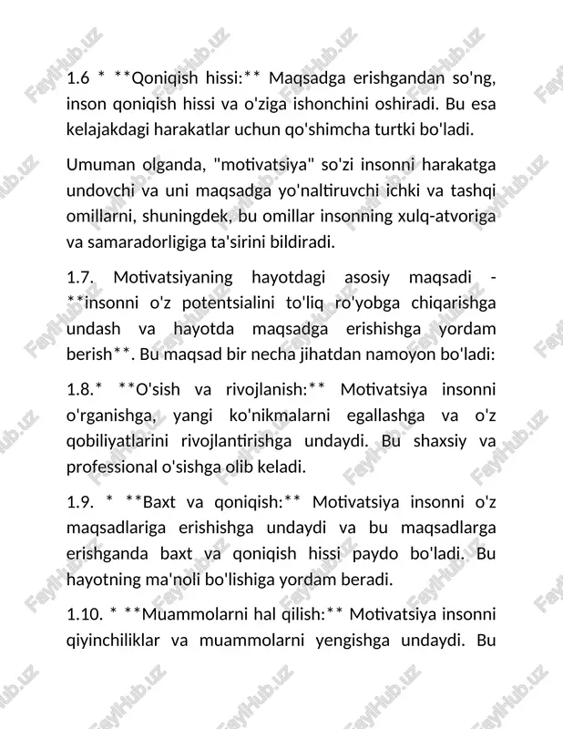 rakat qilish mumkin. 2.5. * **ratsional asoslangan:** ko'pincha, anglangan motivlar ratsional asosga ega bo'ladi. ular mantiqiy fikrlash va maqsadga yo'naltirilgan harakatlar natijasida paydo bo'ladi. 2.6. * **misol:** imtihonlarga tayyorgarlik ko'rish (yaxshi baholar olish istagi), yangi ish topish uchun ariza berish (moliyaviy mustaqillik istagi), sog'lom ovqatlanish (salomatlikni saqlash istagi). 2.7.**anglanmagan motivlar:** 2.8. * **ong ostida yashirin:** anglanmagan motivlar insonning ong ostida yashirin bo'ladi. inson ularni bilmaydi yoki to'liq tushunmaydi, lekin ular uning xatti-harakatlariga ta'sir qiladi. 2.9 * **bilvosita ta'sir:** ular xulq-atvorga bilvosita, ko'pincha noaniq tarzda ta'sir qiladi. inson o'z harakatlarining asl sabablarini tushunmasligi mumkin. 2.10 * **irrasional asoslangan:** ko'pincha, anglanmagan motivlar irrasional asosga ega bo'ladi. ular bolalik tajribalari, psixologik himoya mexanizmlari yoki ong osti jarayonlari bilan bog'liq bo'lishi mumkin. 2.11 * **misol:** yaqin munosabatlardan qochish (bolaligidagi salbiy tajribalar tufayli), muvaffaqiyatdan qo'rqish (o'ziga bo'lgan ishonchsizlik tufayli), obsessiv-kompulsiv xatti-harakatlar (ong ostidagi qo'rquv va tashvishlar tufayli). 2.12. **asosiy farqlar jadvali:** | xususiyat | anglangan …