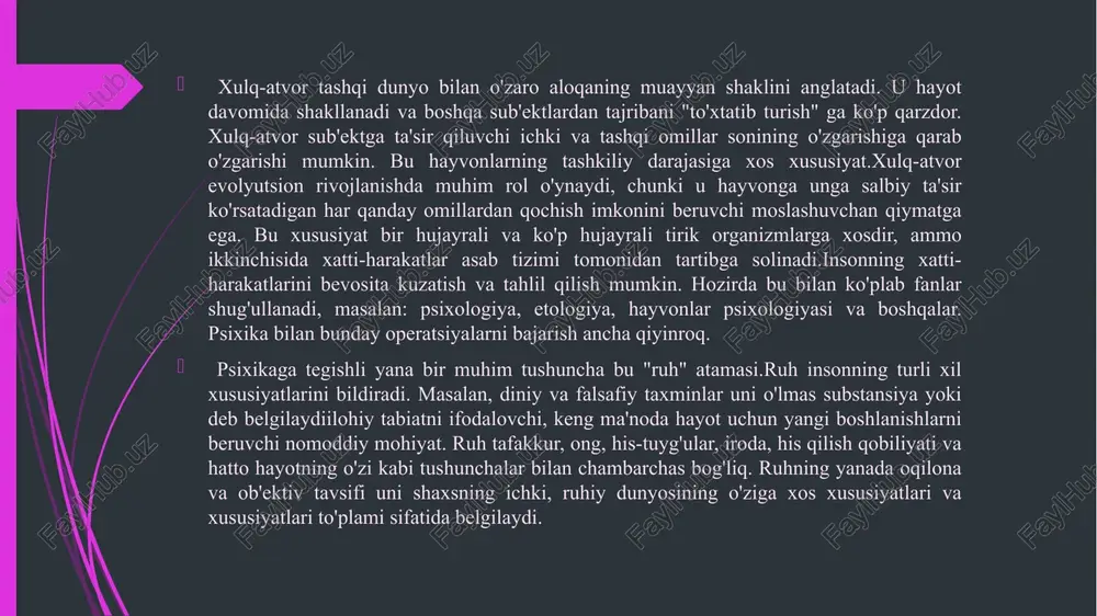 ish orqali u avvalgi ruhiy holatini tiklashi mumkin. psixikaning tuzilishi murakkab tizimdir. u yana bir muhim tushunchani o'z ichiga oladi - "aqliy jarayonlar".bular psixikaning integral tuzilishidan shartli ravishda farqlanadigan maxsus hodisalar guruhidir. bunday komponent birliklarini ajratish hech qanday maxsus kategorik farqlarsiz umumlashtirilgan bo'linishdir. boshqacha aytganda, bu faqat shartli. ular psixologlar va psixiatrlar nuqtai nazaridan psixikaning tuzilishi haqidagi mexanik g'oyalar ta'sirining mavjudligi tufayli paydo bo'lgan.psixik hodisalar davomiyligi bilan ajralib turadi va uch guruhga bo'linadi: n-jarayonlar, holatlar va xususiyatlar.psixik jarayonlar juda tez va qisqa muddatli ekanligi bilan ajralib turadi. bu atrofda sodir bo'layotgan voqealarga aniq javobdir. inson psixikasi, masalan, xotira, e'tibor, fikrlash, idrok kabi jarayonlarni o'zaro bog'laydi. bizning miyamizning ko'plab o'xshash qobiliyatlari mavjud. ular orasida: kognitiv (sezgilar, g'oyalar, xotira, fikrlash, idrok, e'tibor resurslari, nutq va tasavvur), hissiy (hissiyotlar, his-tuyg'ular, barqarorlik va stressni idrok etish, ta'sirlar) va irodaviy (motivlar, maqsad qo'yish va qobiliyat o'rtasidagi kurash). qaror qabul qilish uchun). o'ta ong - bu …