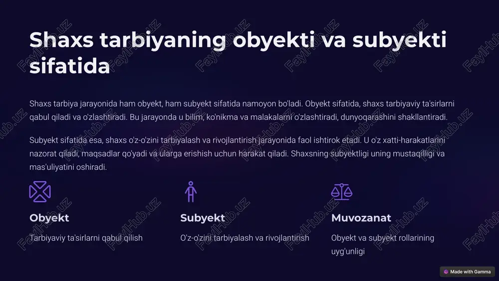 lada qadriyatlar, axloq normalari va hayotiy ko'nikmalar shakllanadi. ta'lim muassasalari maktab, kollej, universitet kabi muassasalar shaxsning bilim va ko'nikmalarini rivojlantiradi, ijtimoiylashuviga yordam beradi. jamiyat ijtimoiy muhit, madaniyat va an'analar shaxs tarbiyasiga katta ta'sir ko'rsatadi. ommaviy axborot vositalari zamonaviy axborot texnologiyalari va media shaxsning dunyoqarashi va qadriyatlarini shakllantirishda muhim rol o'ynaydi. 8 oila munosabatlari va tarbiya oila shaxs tarbiyasining eng muhim va ta'sirchan omillaridan biridir. oiladagi munosabatlar bolaning dunyoqarashi, qadriyatlari va xulq-atvorini shakllantirishda hal qiluvchi rol o'ynaydi. oilada ota-onalar o'z farzandlariga namuna bo'ladi, ularga hayotiy ko'nikmalarni o'rgatadi va emotsional qo'llab-quvvatlaydi. sog'lom oilaviy muhit bolaning o'z-o'ziga ishonchini oshiradi, ijtimoiy munosabatlarga kirishish qobiliyatini rivojlantiradi va kelajakda muvaffaqiyatli bo'lishiga zamin yaratadi. 9 maktab tarbiya jarayonidagi roli maktab shaxs tarbiyasida muhim o'rin tutadi. u nafaqat bilim berish, balki o'quvchilarning ma'naviy, axloqiy va ijtimoiy rivojlanishini ta'minlash vazifasini ham bajaradi. maktabda o'quvchilar turli fanlarni o'rganish bilan birga, jamoada ishlash, mas'uliyatni his qilish, o'z fikrini ifoda etish kabi …