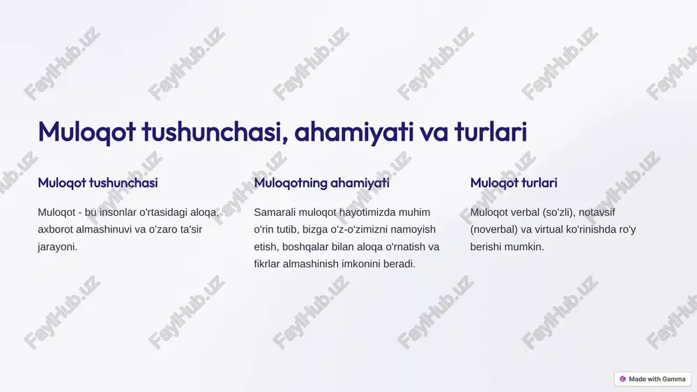 ali kommunikatsiya usullari ko'rsatib berilgan. ushbu bilimlar shaxslararo munosabatlarni rivojlantirish, muloqotni yaxshilash va samarali kommunikatsiya o'rnatishda muhim ahamiyatga ega. 12 image1.png image2.png image3.png image4.png image5.png image6.png image7.png image8.png image9.png image10.png image11.png image12.png image13.png image14.png image15.png image16.png image17.png image18.png image19.png @ made with gamma nite communication a sender. q a ae / j