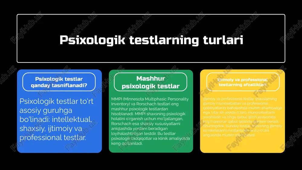 yanada aniqroq baholash imkonini beruvchi yangi metodologiyalarni o'z ichiga oladi. innovatsion texnologiyalar va ularning testlarda qo'llanilishi zamonaviy innovatsion texnologiyalar, jumladan, sun'iy intellekt va ma'lumotlarni tahlil qilish, psixologik testlarni yanada samarali va oson amalga oshirishga yordam beradi. ushbu texnologiyalar yordamida test jarayonlari avtomatlashtirilishi va natijalar tezda tahlil qilinishi mumkin. psixologik testlarning kelajagi: ehtimoliy o'zgarishlar kelajakda psixologik testlar yangi format va metodlarni o'z ichiga olish kutilmoqda. shuningdek, interaktiv va onlayn testlar keng tarqalishi bilan, psixologik baholash jarayonlari yanada qulay va foydalanishga yengil bo'ladi. yangi imkoniyatlar va tendensiyalar sun'iy intellektning roli test natijalarini tahlil qilish psixologik testlarda sun'iy intellekt va avtomatlashtirish foydalanish so'nggi yillarda kengaymoqda. ushbu texnologiyalar natijalarni tez va aniq tahlil qilishga yordam beradi, shuningdek, inson faktori bilan bog'liq xatolarni kamaytiradi. sun'iy intellekt yordamida individual test natijalari yaxshilab o'rganiladi, bu esa yanada shaxsiylashtirilgan yondashuvlarni ta'minlaydi. test natijalarini tahlil qilishda yangi metodlar, masalan, ma'lumotlarni chuqur o'rganish va statistik modellashdan foydalanish, psixologik tadqiqotlarda muhim …